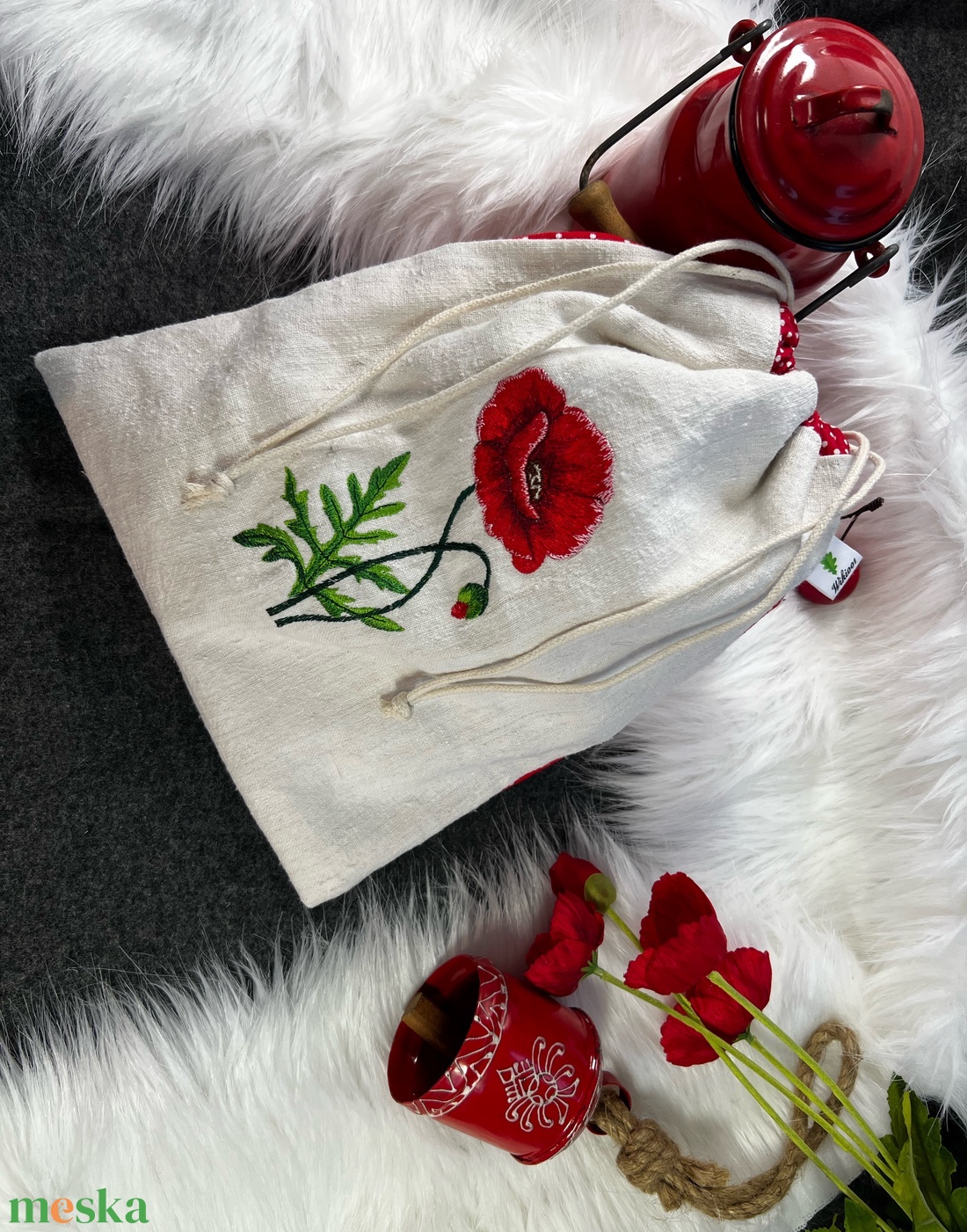 Kenyeres zsák-Pipacsos hímzett- öko zsák-vastag erős anyagból - táska & tok - bevásárlás & shopper táska - kenyeres zsák - Meska.hu