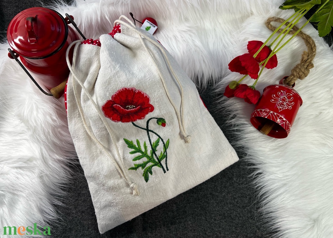 Kenyeres zsák-Pipacsos hímzett- öko zsák-vastag erős anyagból - táska & tok - bevásárlás & shopper táska - kenyeres zsák - Meska.hu
