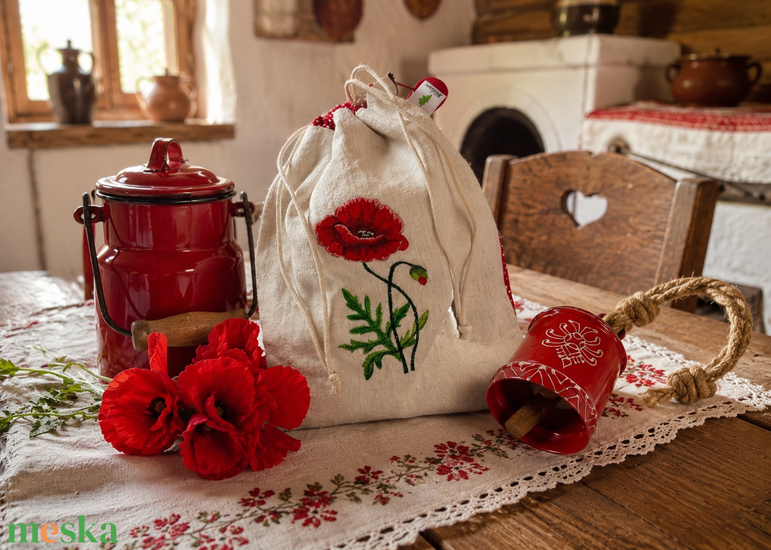 Rendelhető! -Kenyeres zsák-Pipacsos hímzett- öko zsák-vastag erős anyagból - táska & tok - bevásárlás & shopper táska - kenyeres zsák - Meska.hu