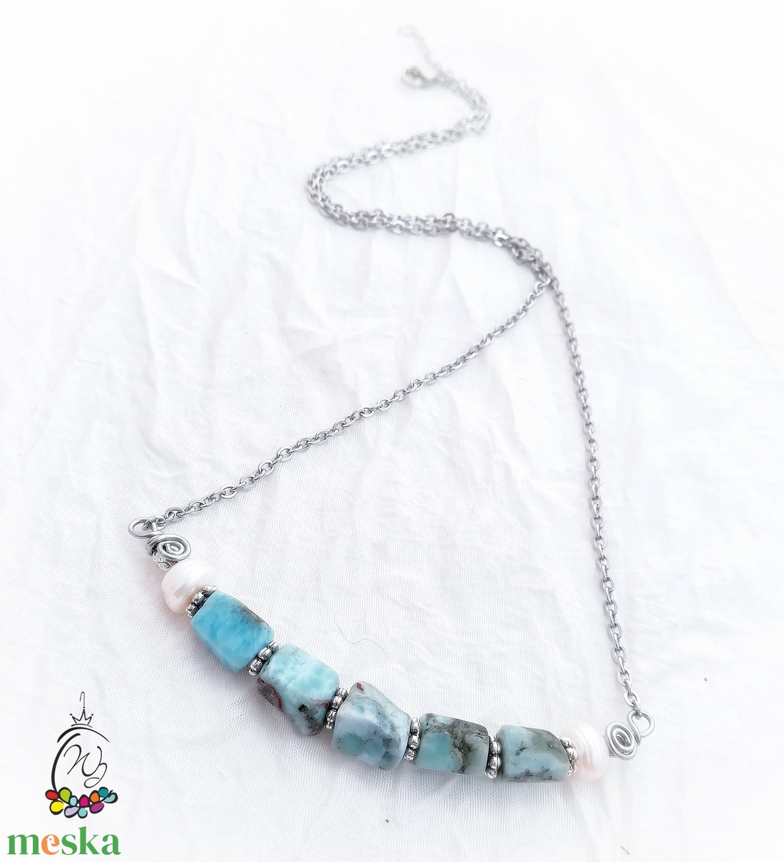 Larimar-gyöngy nyakbavaló acéllal - ékszer - nyaklánc - medálos nyaklánc - Meska.hu