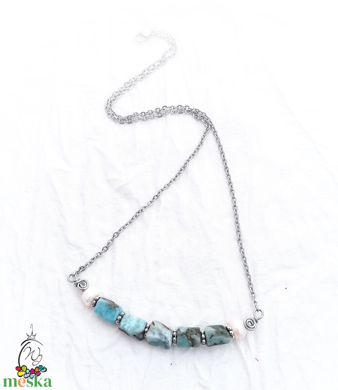 Larimar-gyöngy nyakbavaló acéllal - ékszer - nyaklánc - medálos nyaklánc - Meska.hu