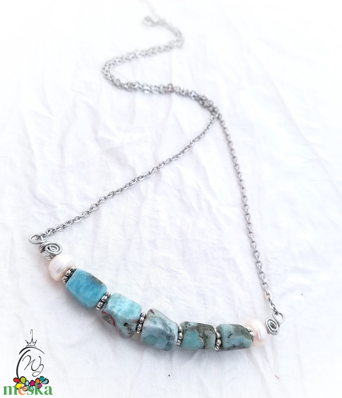 Larimar-gyöngy nyakbavaló acéllal - ékszer - nyaklánc - medálos nyaklánc - Meska.hu