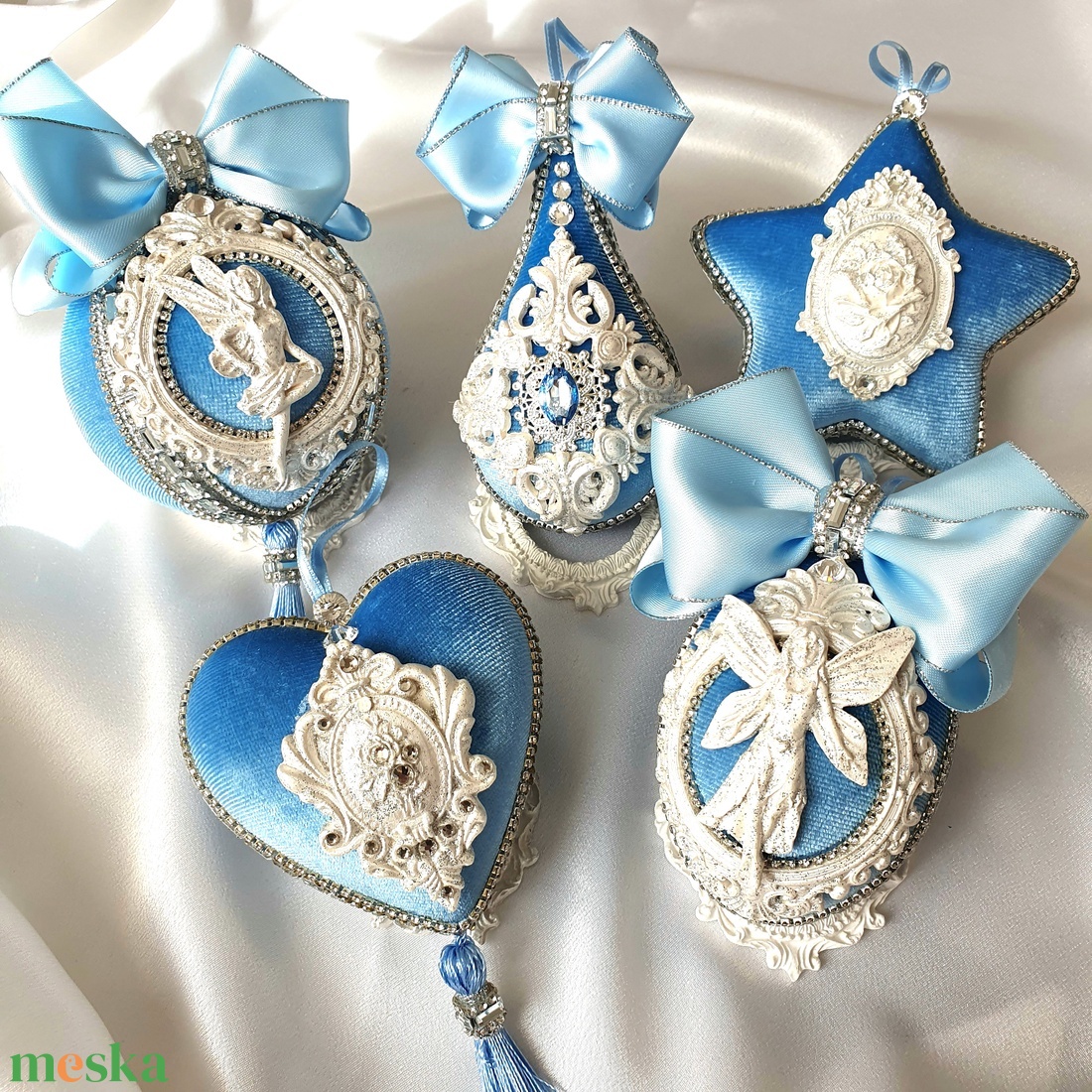 Egyedi kézműves kék bársony karácsonyfadísz készlet � 5 tündéres forma, tökéletes karácsonyi ajándék - karácsony - karácsonyi lakásdekoráció - karácsonyfadíszek - Meska.hu