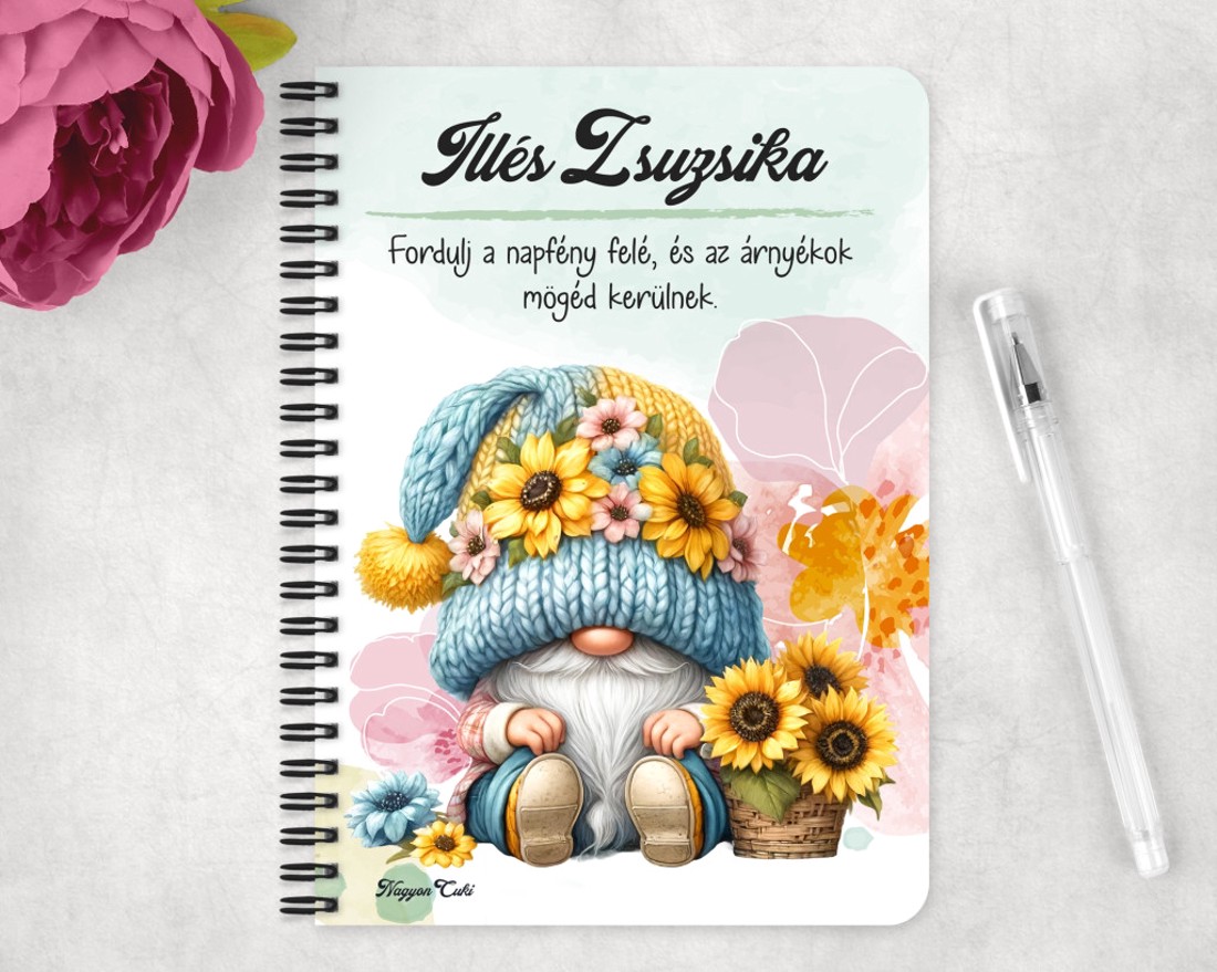 Személyre szabható - Napraforgós manó kosárral mintás A6-os füzet - otthon & életmód - papír, írószer - jegyzetfüzet & napló - Meska.hu