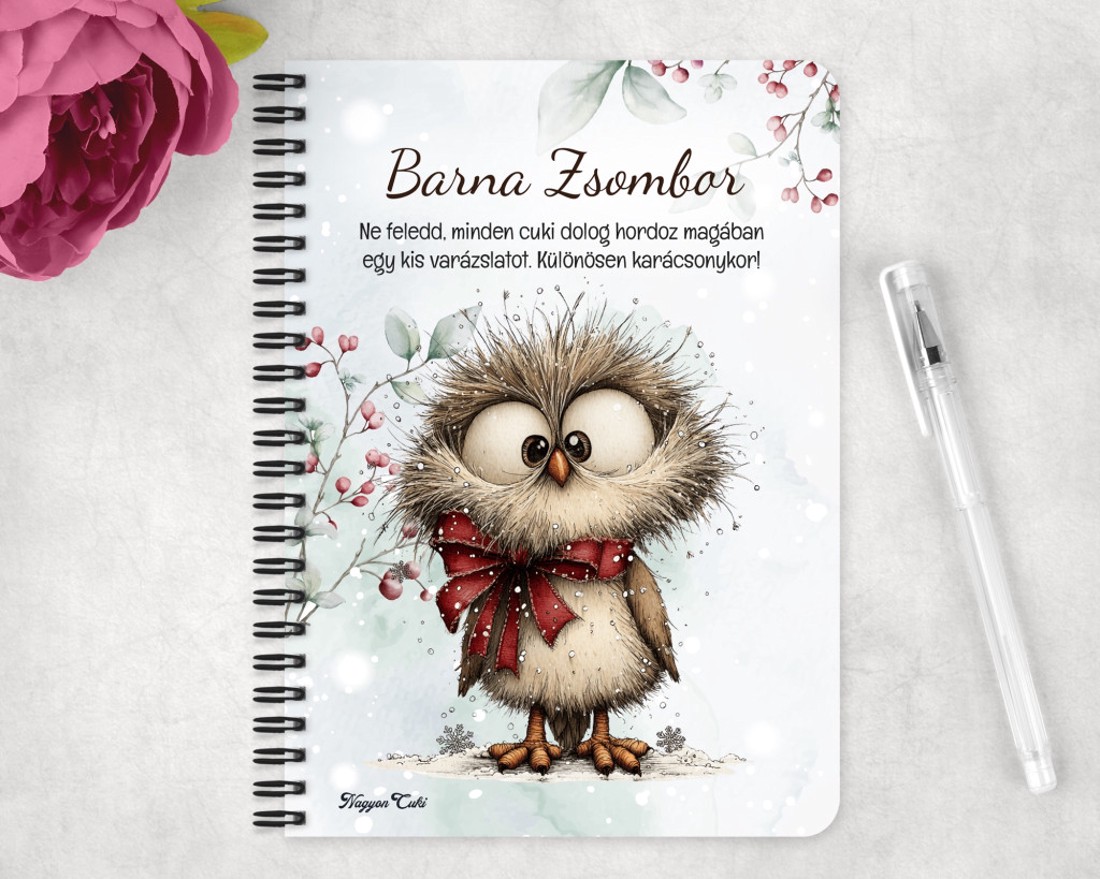 Személyre szabható - Cuki téli bagoly masnival mintás A6-os füzet - otthon & életmód - papír, írószer - jegyzetfüzet & napló - Meska.hu