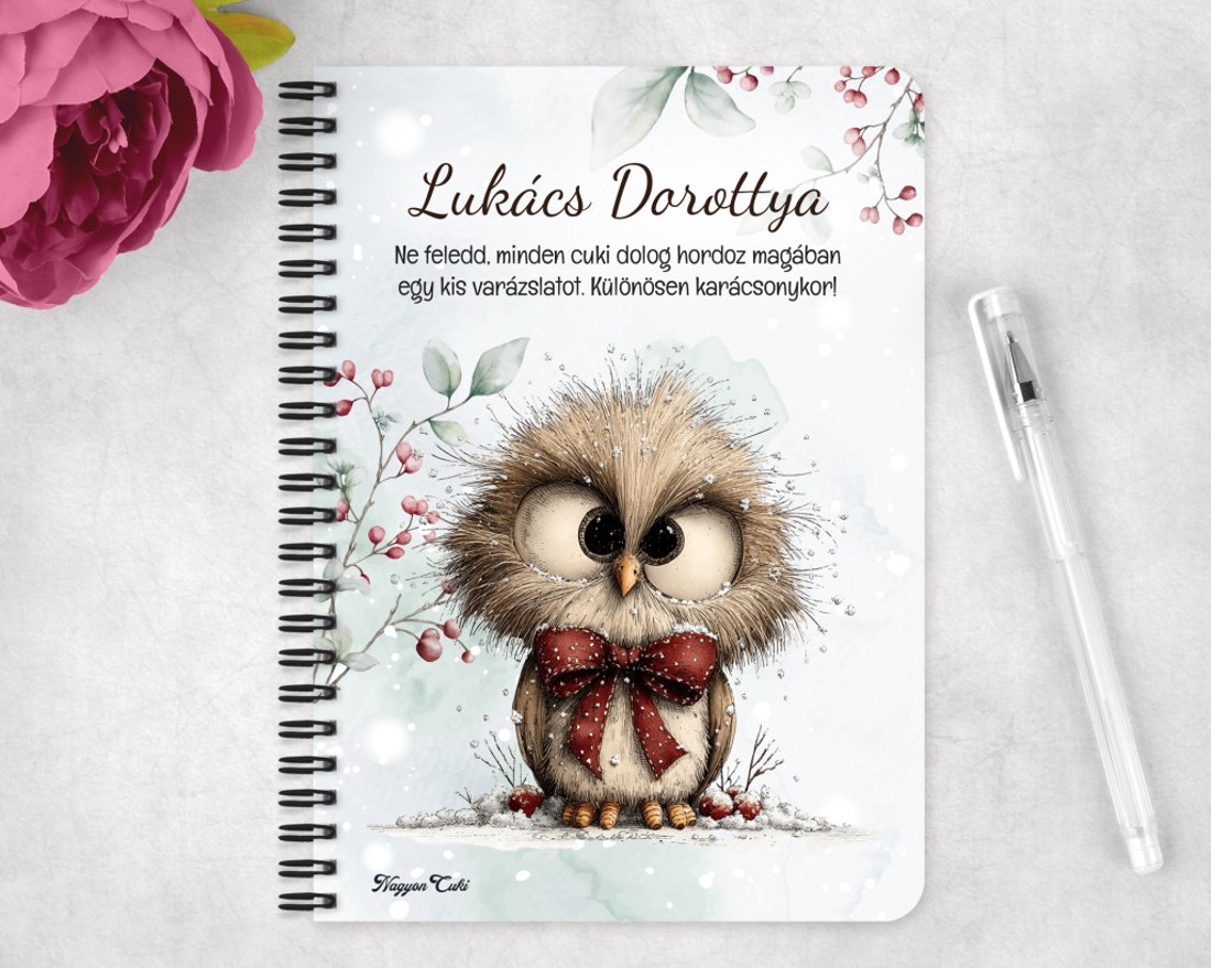 Személyre szabható - Cuki téli bagoly nagy masnival mintás A5-ös füzet - otthon & életmód - papír, írószer - jegyzetfüzet & napló - Meska.hu