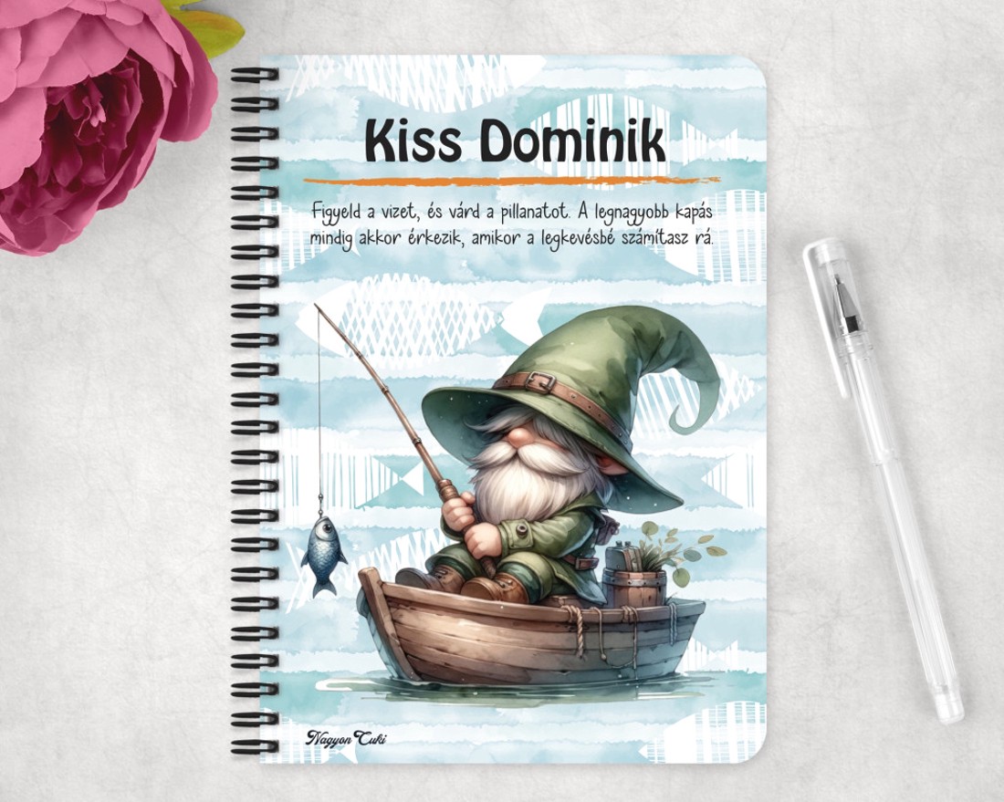 Személyre szabható - Csónakos horgász manó mintás A6-os füzet - otthon & életmód - papír, írószer - jegyzetfüzet & napló - Meska.hu