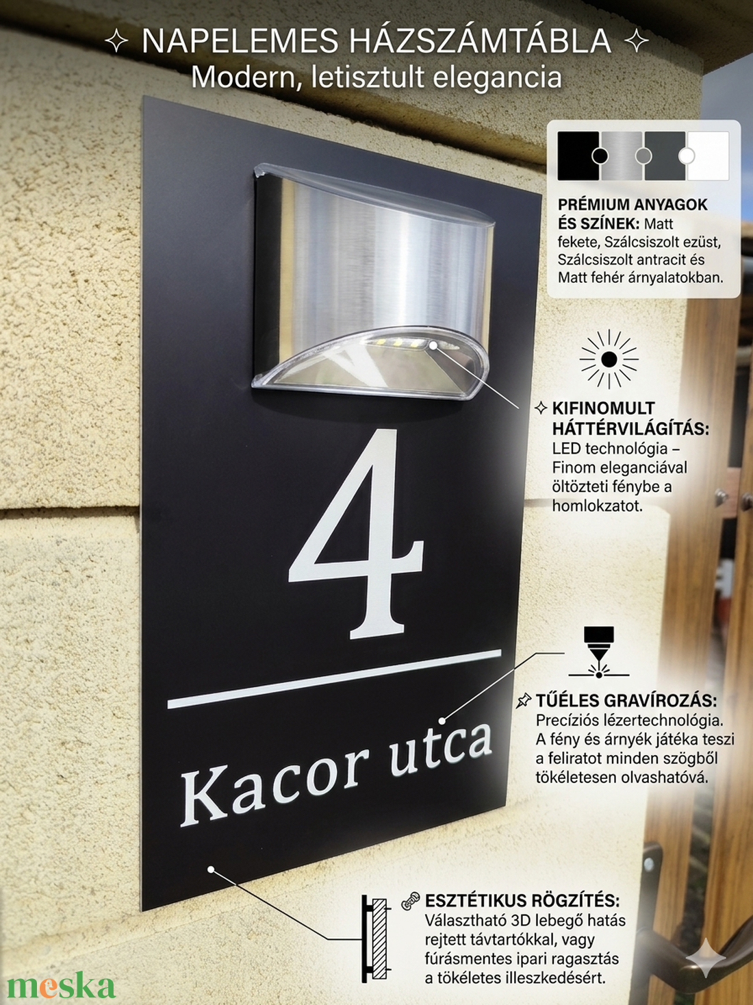 Egyedi Napelemes Világító Házszámtábla - Kültéri Utcanévtábla + Házszám - 4 színben - otthon & életmód - ház & kert - házszám - Meska.hu