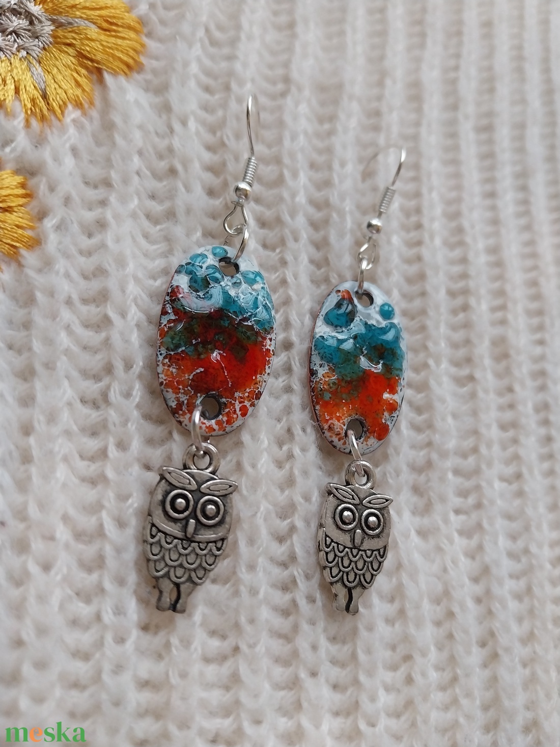 Bagoly Tűzzománc Fülbevaló - ékszer - fülbevaló - lógó fülbevaló - Meska.hu