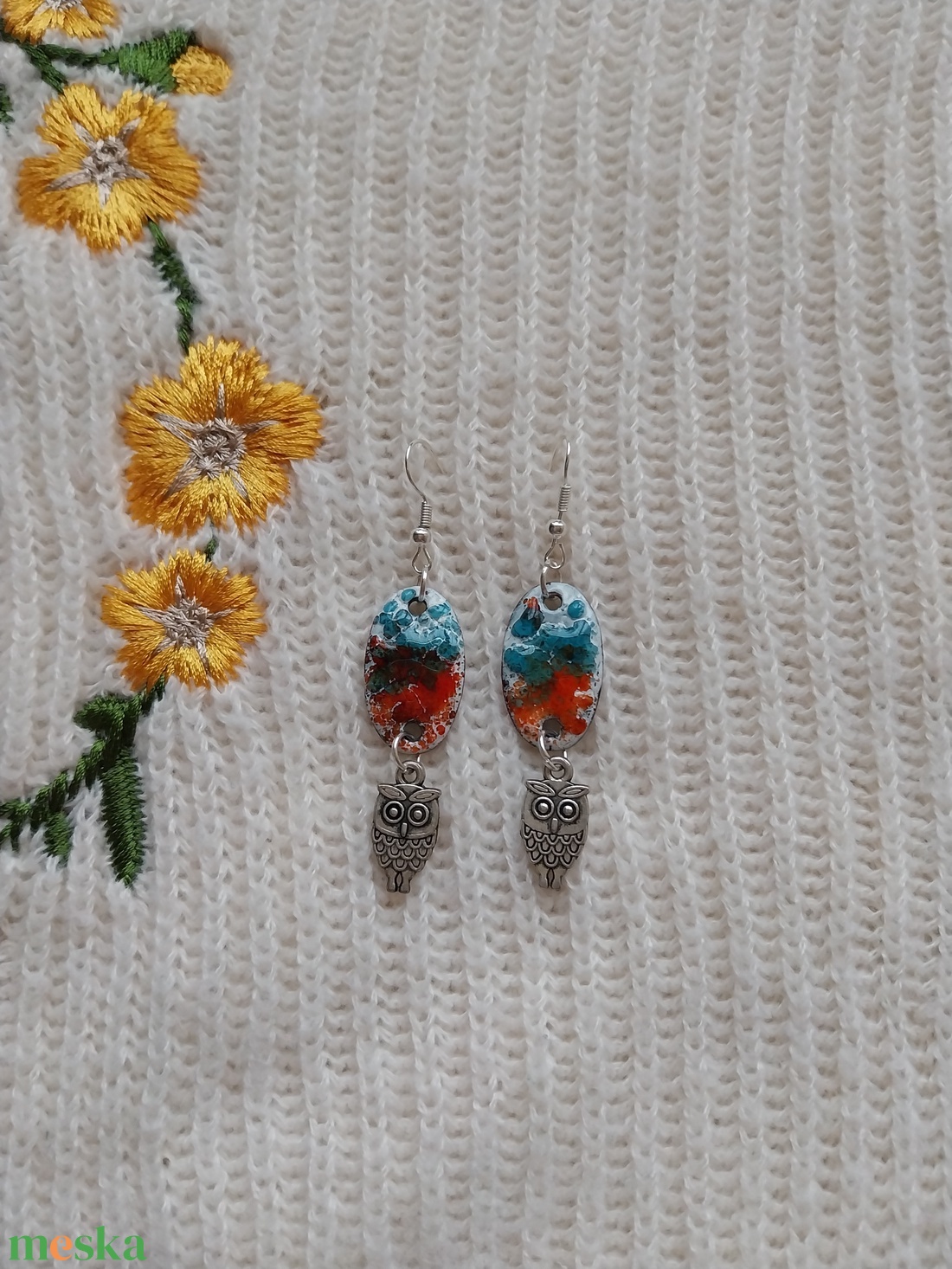 Bagoly Tűzzománc Fülbevaló - ékszer - fülbevaló - lógó fülbevaló - Meska.hu
