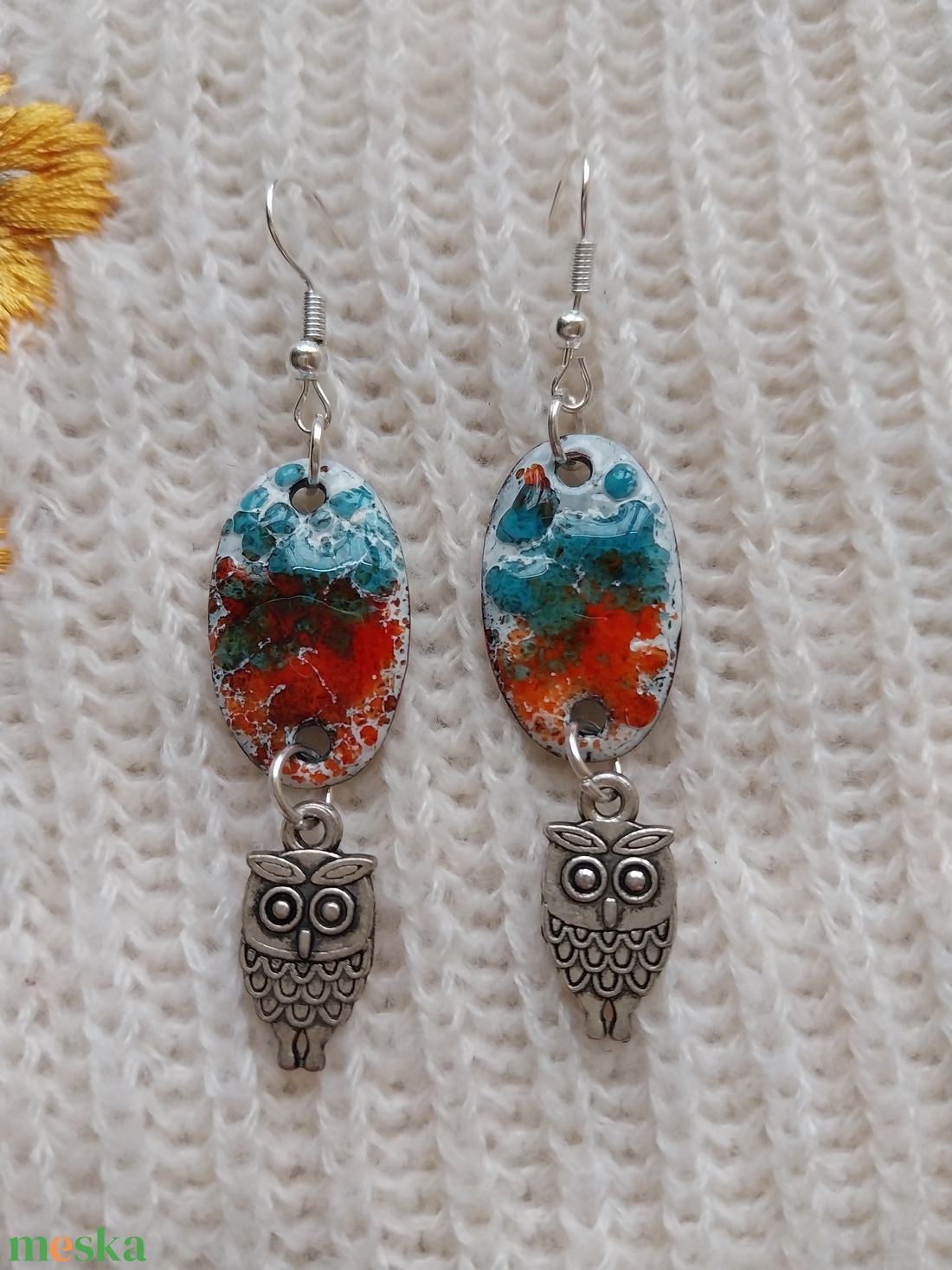 Bagoly Tűzzománc Fülbevaló - ékszer - fülbevaló - lógó fülbevaló - Meska.hu