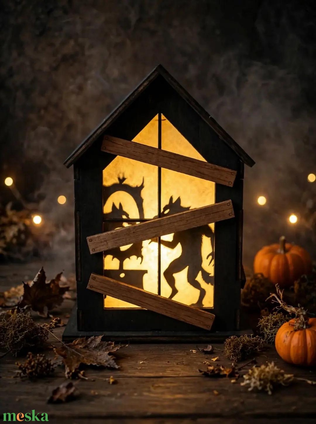 Világító Halloween-ház � négyoldalas fa LED dekoráció - otthon & életmód - dekoráció - halloween - halloweeni lámpás - Meska.hu