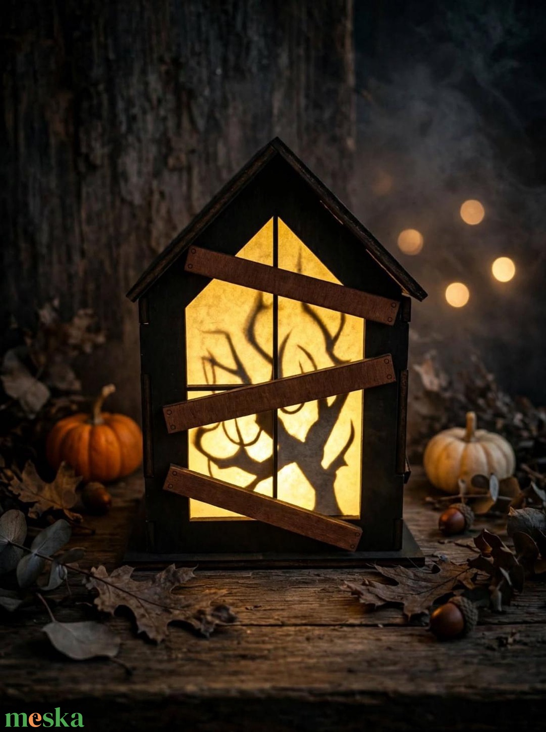 Világító Halloween-ház � négyoldalas fa LED dekoráció - otthon & életmód - dekoráció - halloween - halloweeni lámpás - Meska.hu
