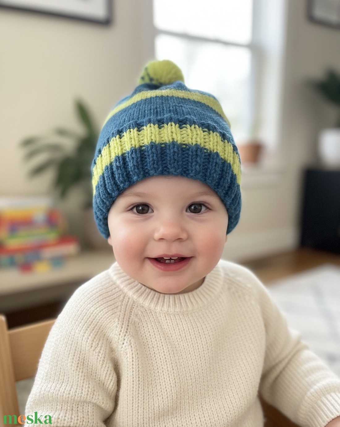 Kézzel kötött vidám gyermek sapka � kék és neon sárga (44-46 cm) - baba - mama - babaruházat - babasapka - Meska.hu