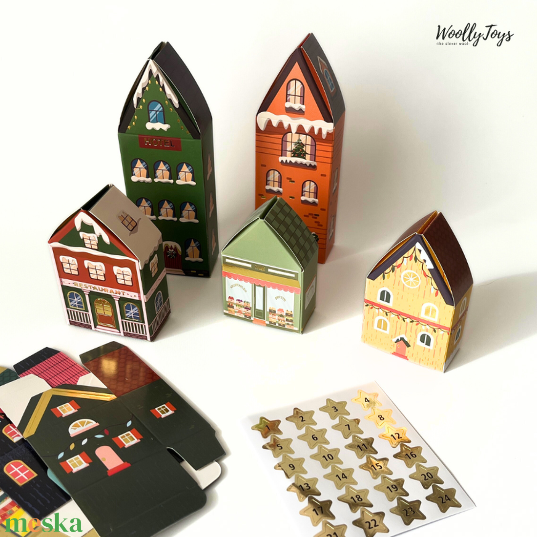 Adventi kalendárium naptár házikók 24 db - sárga-zöld-narancs - ADVENTI KOLLEKCIÓ 2025 - karácsony - adventi díszek - adventi naptár - Meska.hu