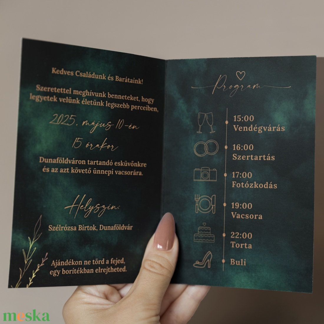Emerald Elegance Gold � Elegáns zöld kinyitható esküvői meghívó - esküvő - meghívó & kártya - meghívó - Meska.hu