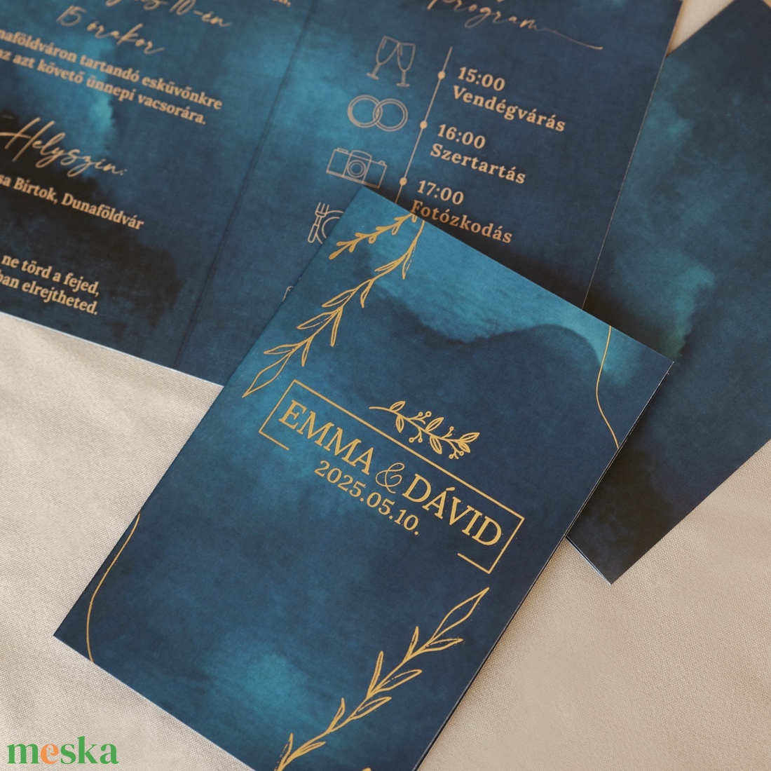 Azure Elegance Gold � Elegáns kék kinyitható esküvői meghívó - esküvő - meghívó & kártya - meghívó - Meska.hu