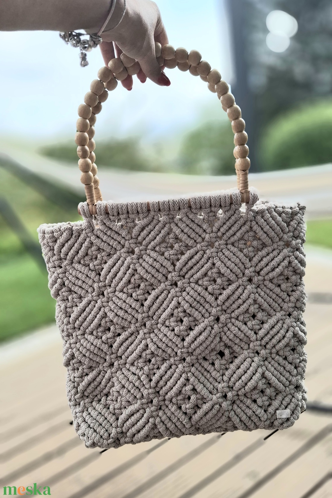 makramé táska virágmintával - bézs - táska & tok - kézitáska & válltáska - kézitáska - Meska.hu