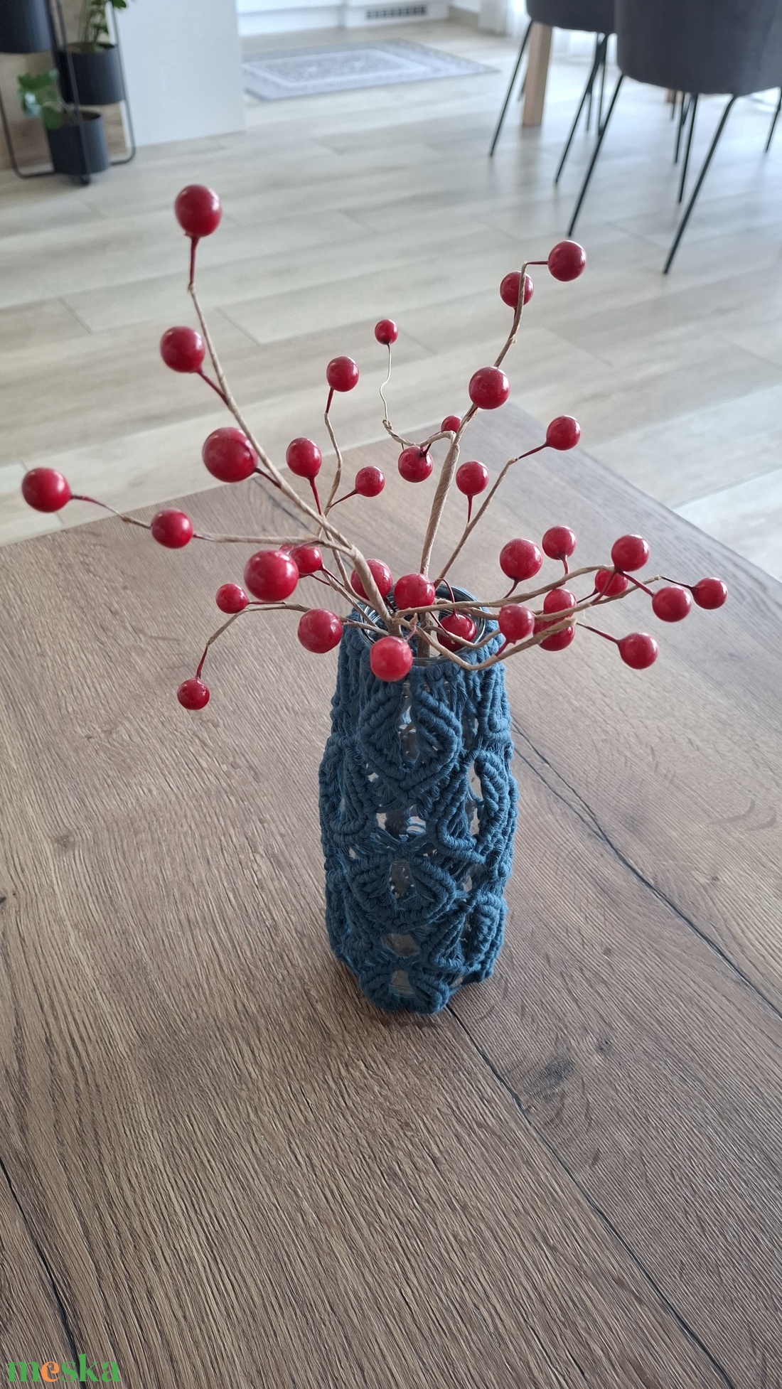 makramé váza - pávatoll mintával - otthon & életmód - dekoráció - virágdísz és tartó - váza - Meska.hu