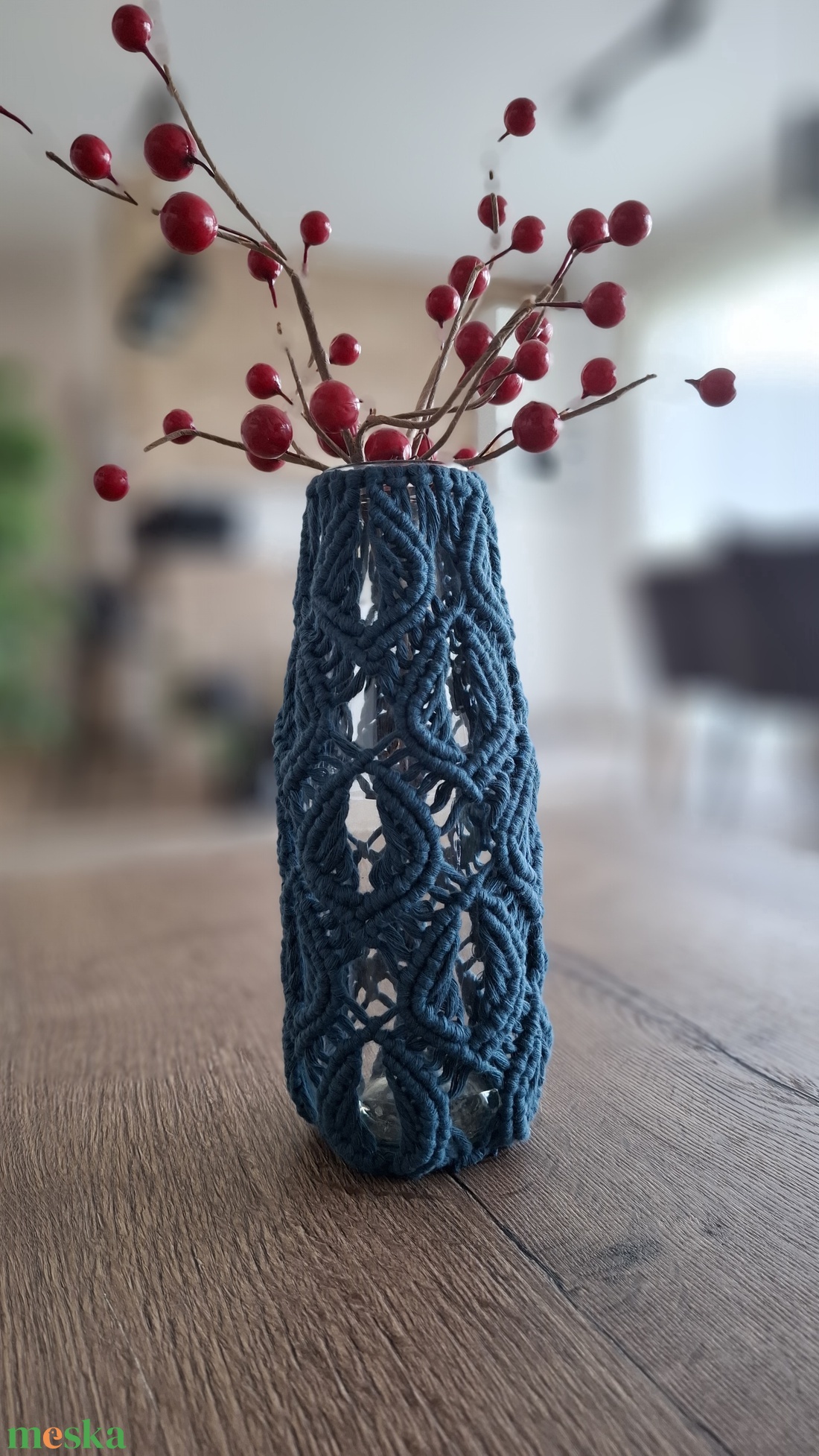 makramé váza - pávatoll mintával - otthon & életmód - dekoráció - virágdísz és tartó - váza - Meska.hu