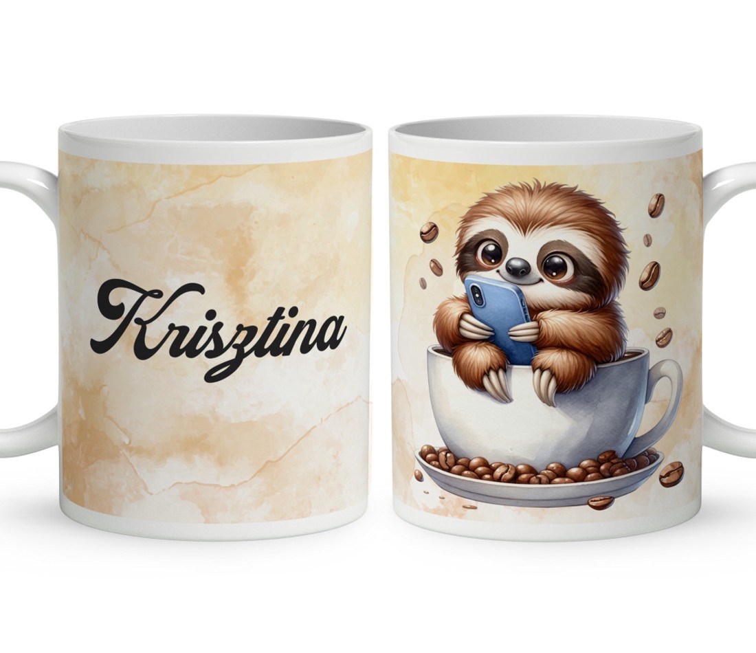 Névvel kérhető - Telefonozós Kávés lajhár mintás bögre - otthon & életmód - konyhafelszerelés, tálalás - tálalás - bögre & csésze - Meska.hu