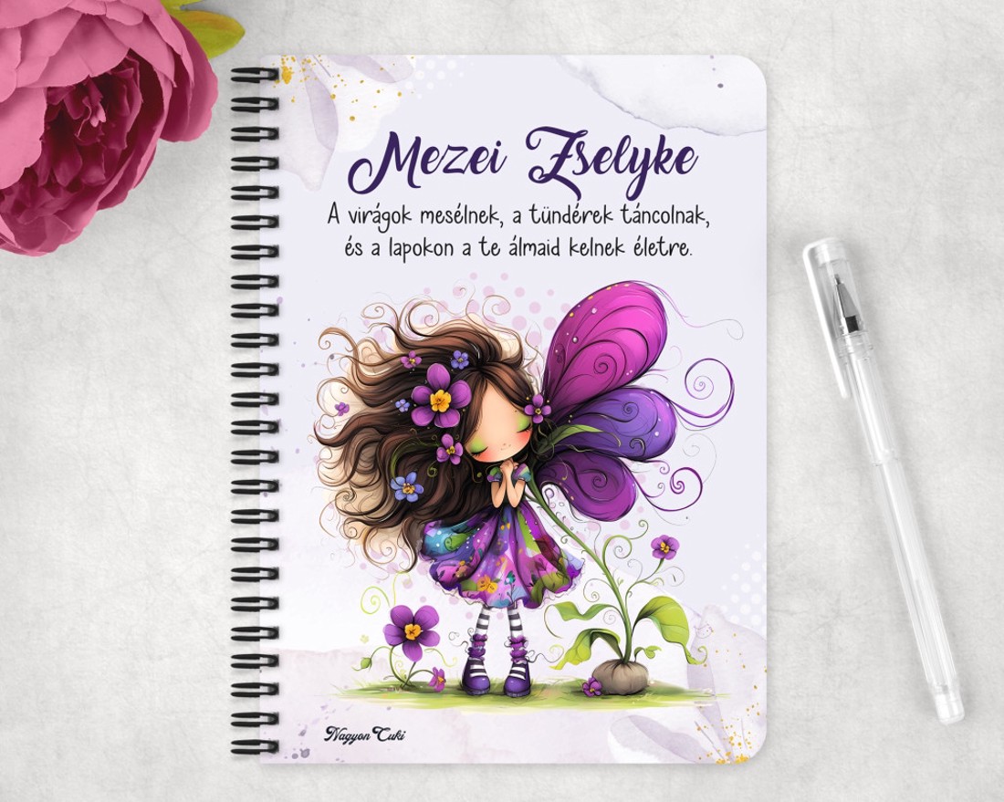 Személyre szabható - Cuki ibolya virágos tündér mintás A6-os füzet - otthon & életmód - papír, írószer - jegyzetfüzet & napló - Meska.hu