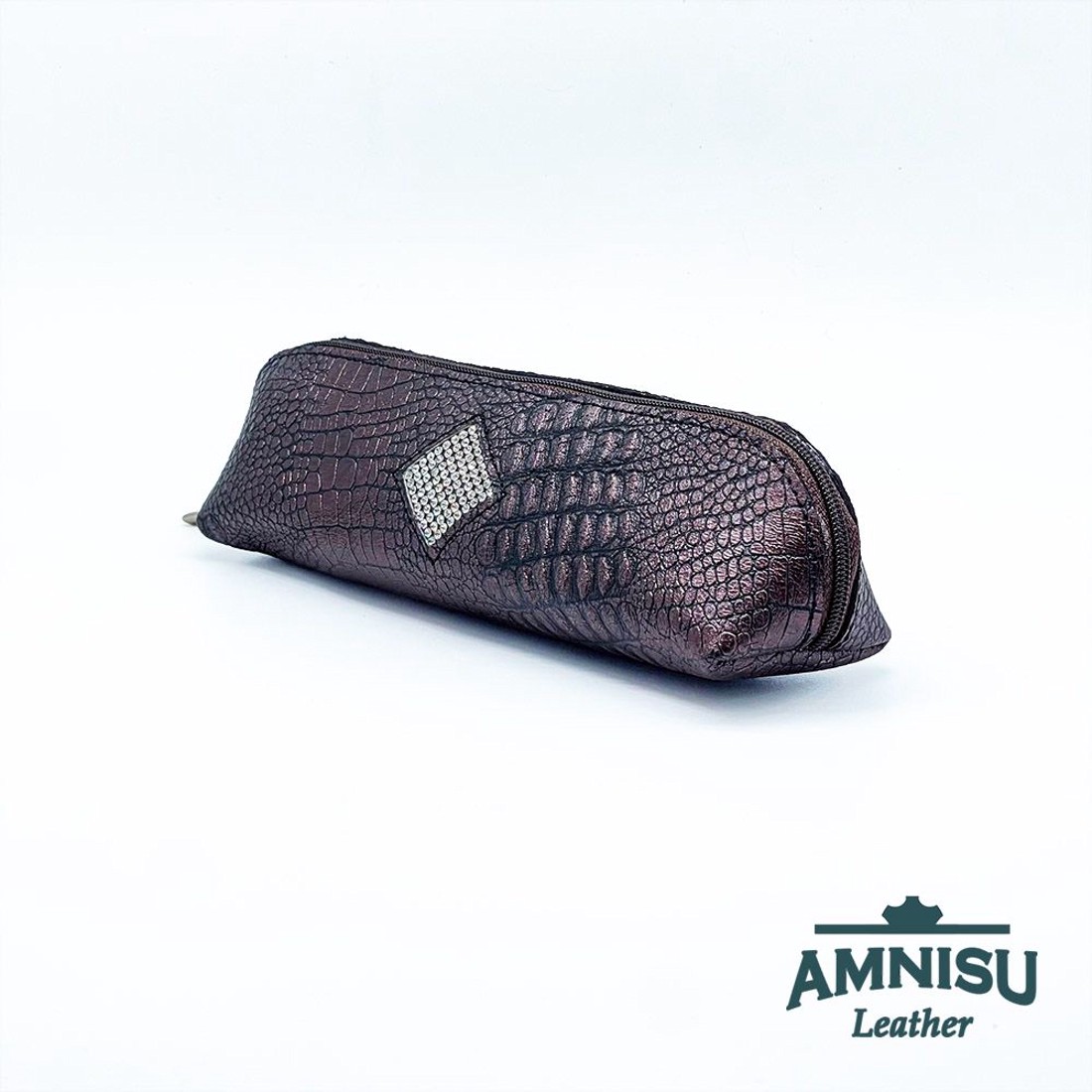 Metál barna krokkómintás rombusz swarovski köves bőr neszeszer / tolltartó K4029 - táska & tok - neszesszer - Meska.hu