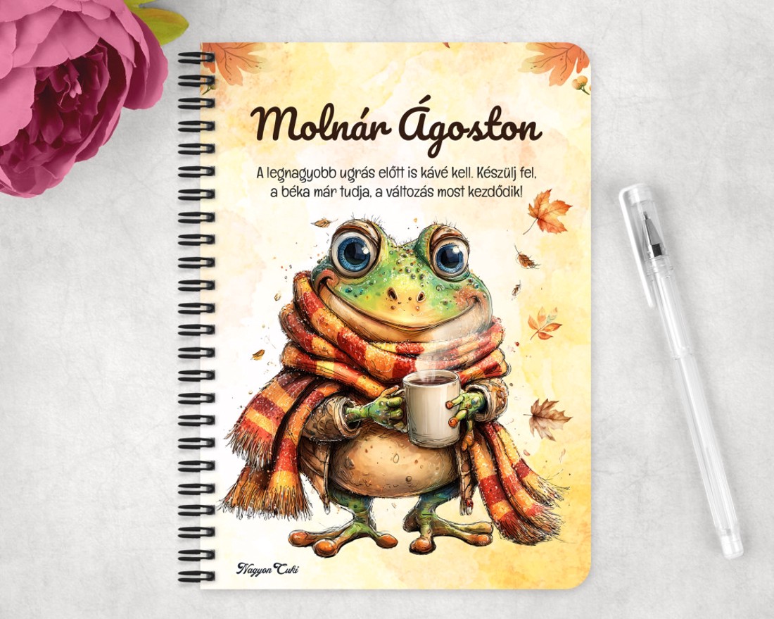 Személyre szabható - Cuki őszi kávézós béka mintás A6-os füzet - otthon & életmód - papír, írószer - jegyzetfüzet & napló - Meska.hu