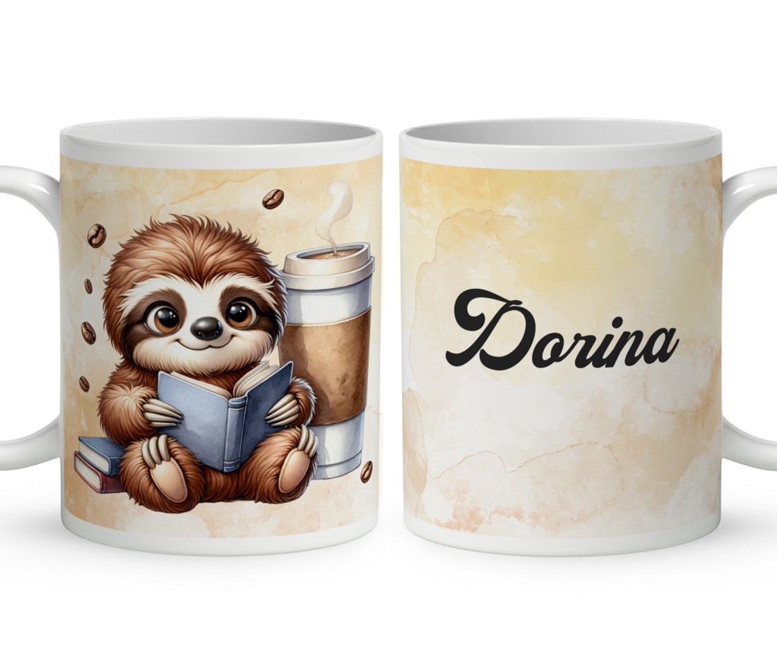 Névvel kérhető - Kis kávés lajhár és a könyv mintás bögre - otthon & életmód - konyhafelszerelés, tálalás - tálalás - bögre & csésze - Meska.hu