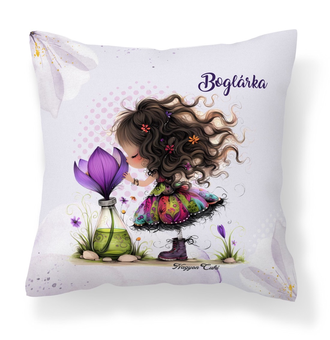 Névvel kérhető - Kedves krókusz virágos tündér mintás párna - otthon & életmód - lakástextil - párna & párnahuzat - díszpárna (belsővel együtt) - Meska.hu