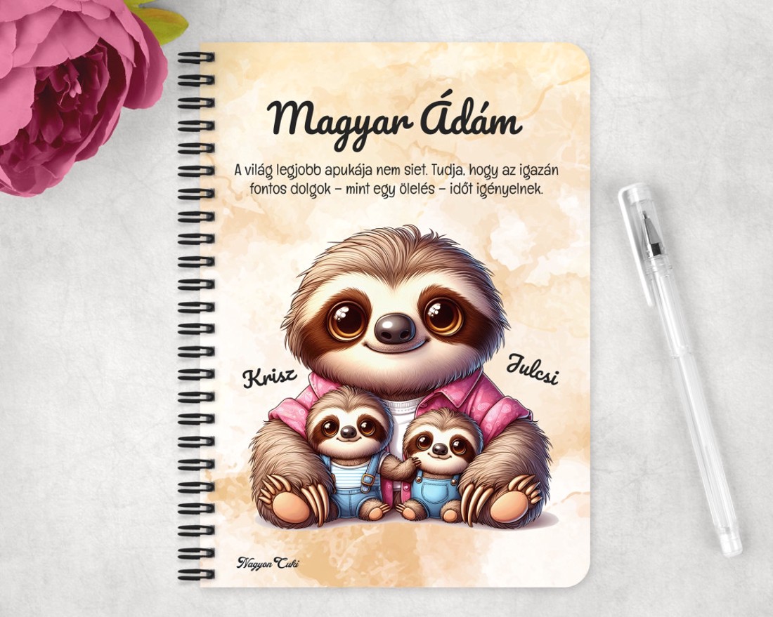 Személyre szabható - Cuki lajhár Apa és két kis lajhár mintás A6-os füzet - otthon & életmód - papír, írószer - jegyzetfüzet & napló - Meska.hu