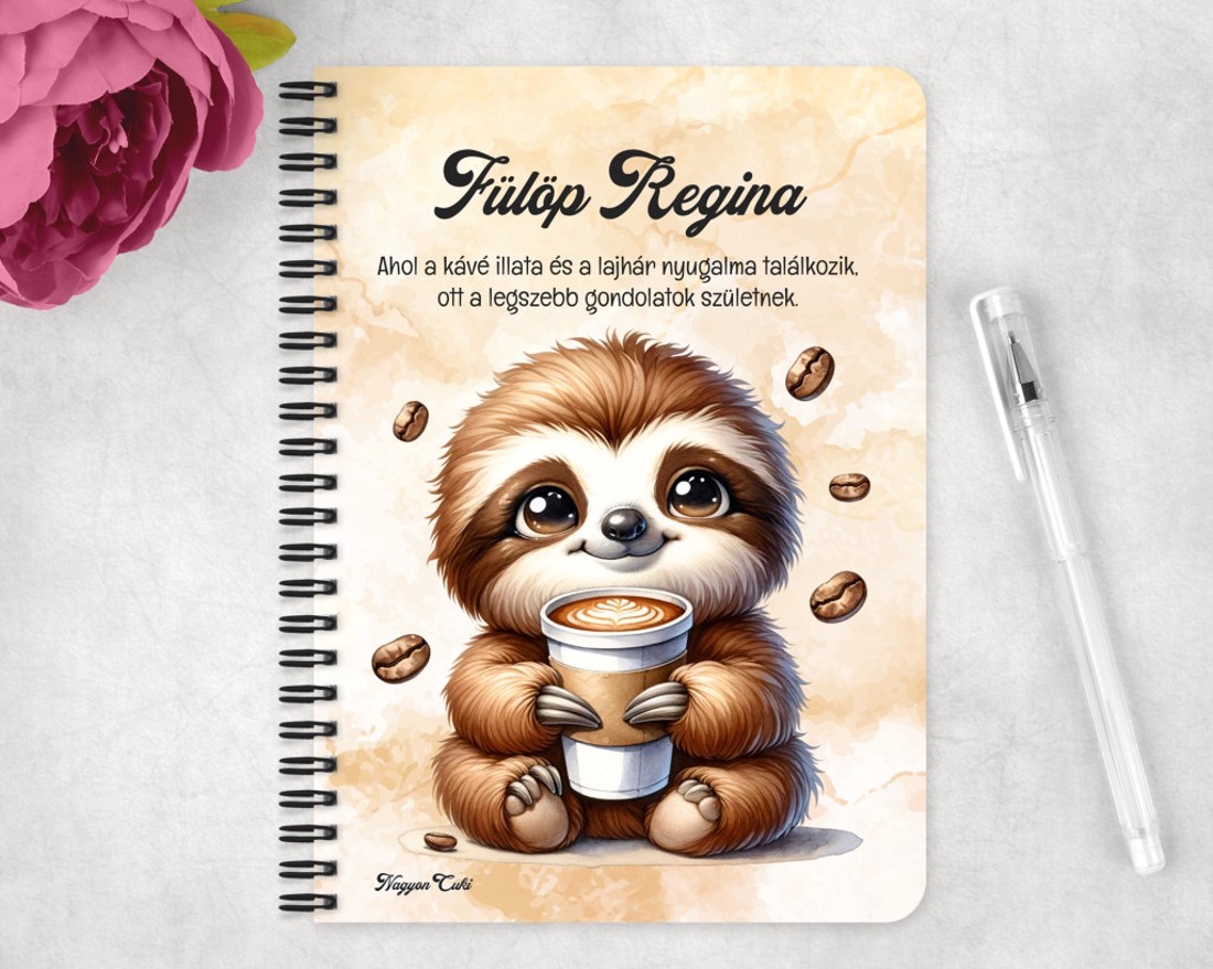 Személyre szabható - Nagyon cuki Kávés lajhár mintás A6-os füzet - otthon & életmód - papír, írószer - jegyzetfüzet & napló - Meska.hu