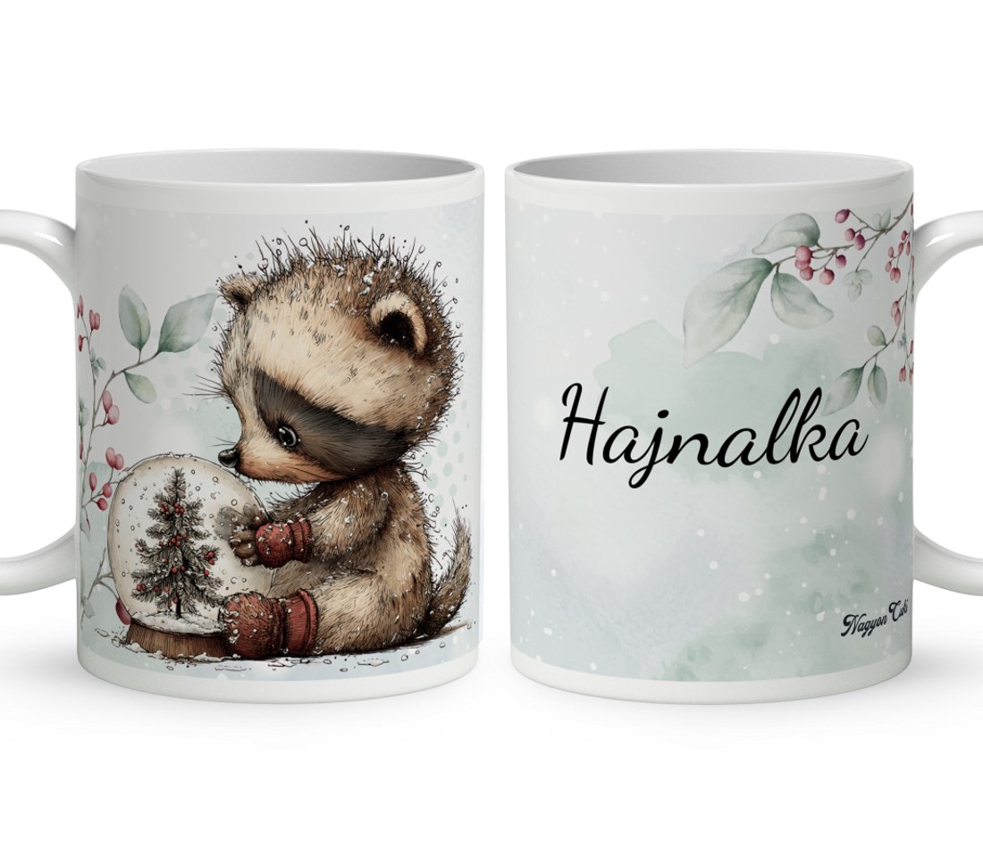 Névvel kérhető - Cuki téli mosómedve hógömbbel mintás bögre - otthon & életmód - konyhafelszerelés, tálalás - tálalás - bögre & csésze - Meska.hu