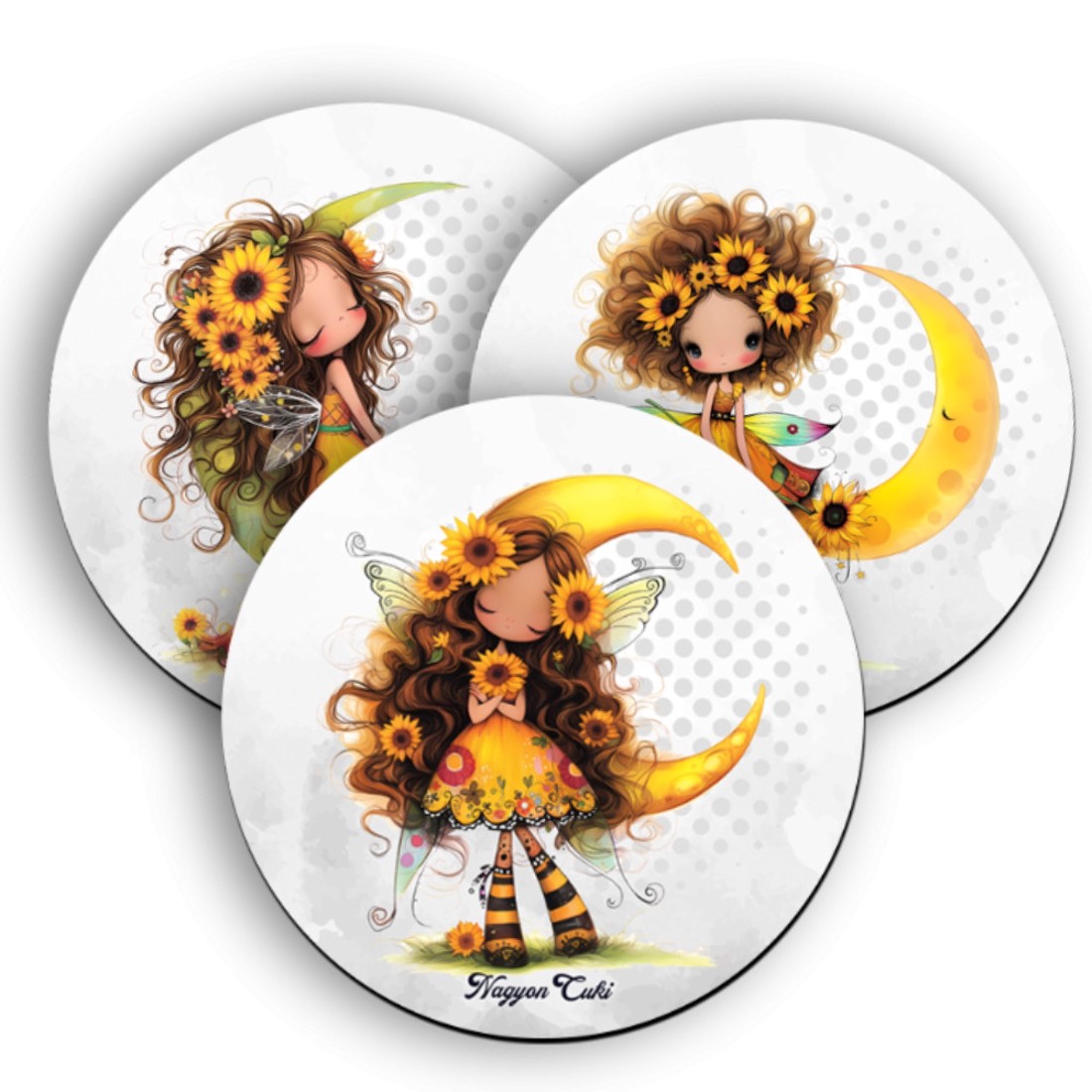 3 db aranyos napraforgós tündérlány kör alakú alátét szett (#66) -  - Meska.hu