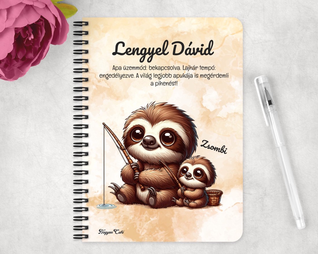 Személyre szabható - Cuki lajhár Apa és gyermeke horgásznak mintás A6-os füzet - otthon & életmód - papír, írószer - jegyzetfüzet & napló - Meska.hu