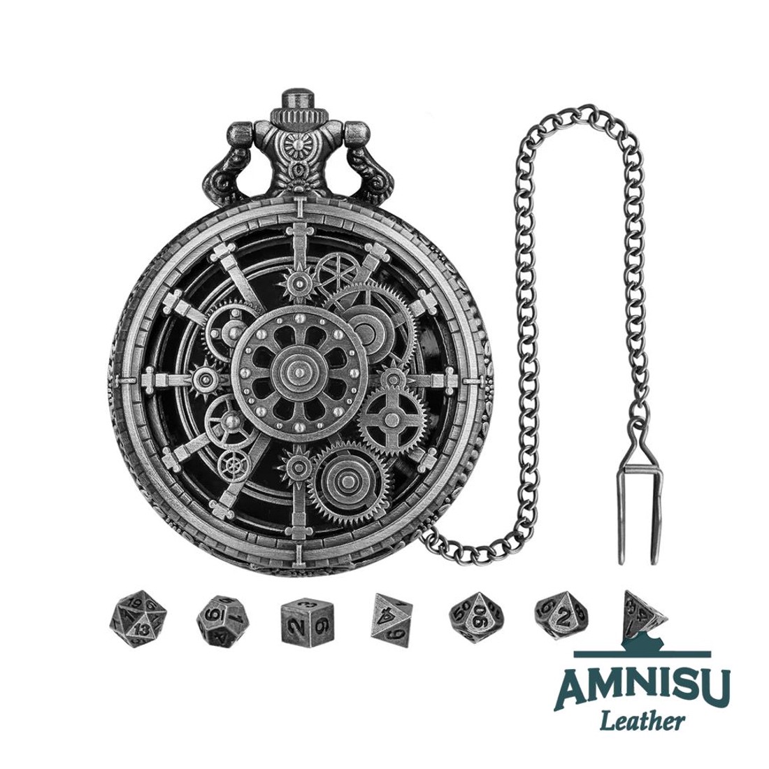Ezüst steampunk mini fém kockaszett zsebóra tokban - játék & sport - szerepjáték - Meska.hu