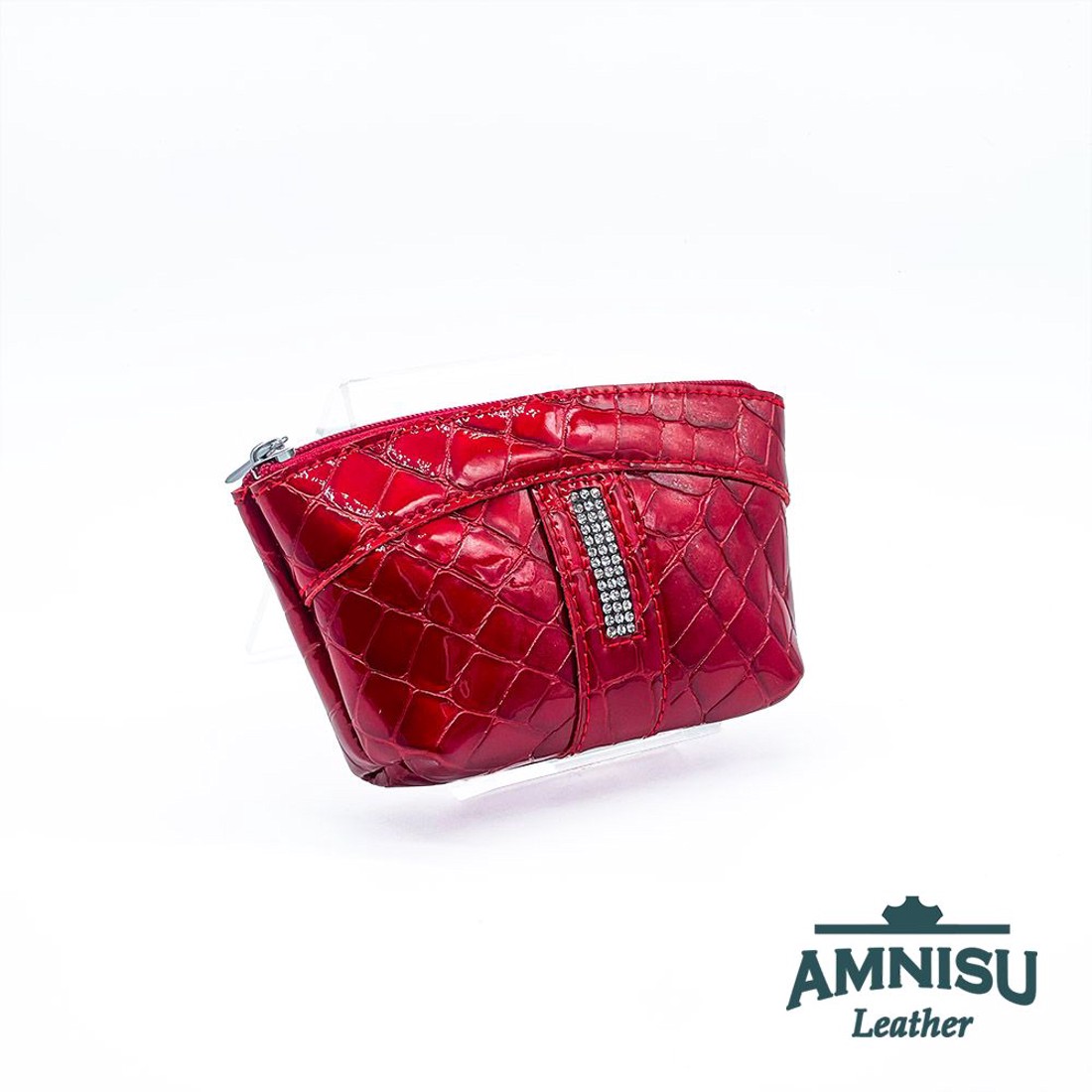 Sötét piros lakk krokkómintás egy cipzáras egyenes swarovski köves kulcstartó E5022 -  - Meska.hu