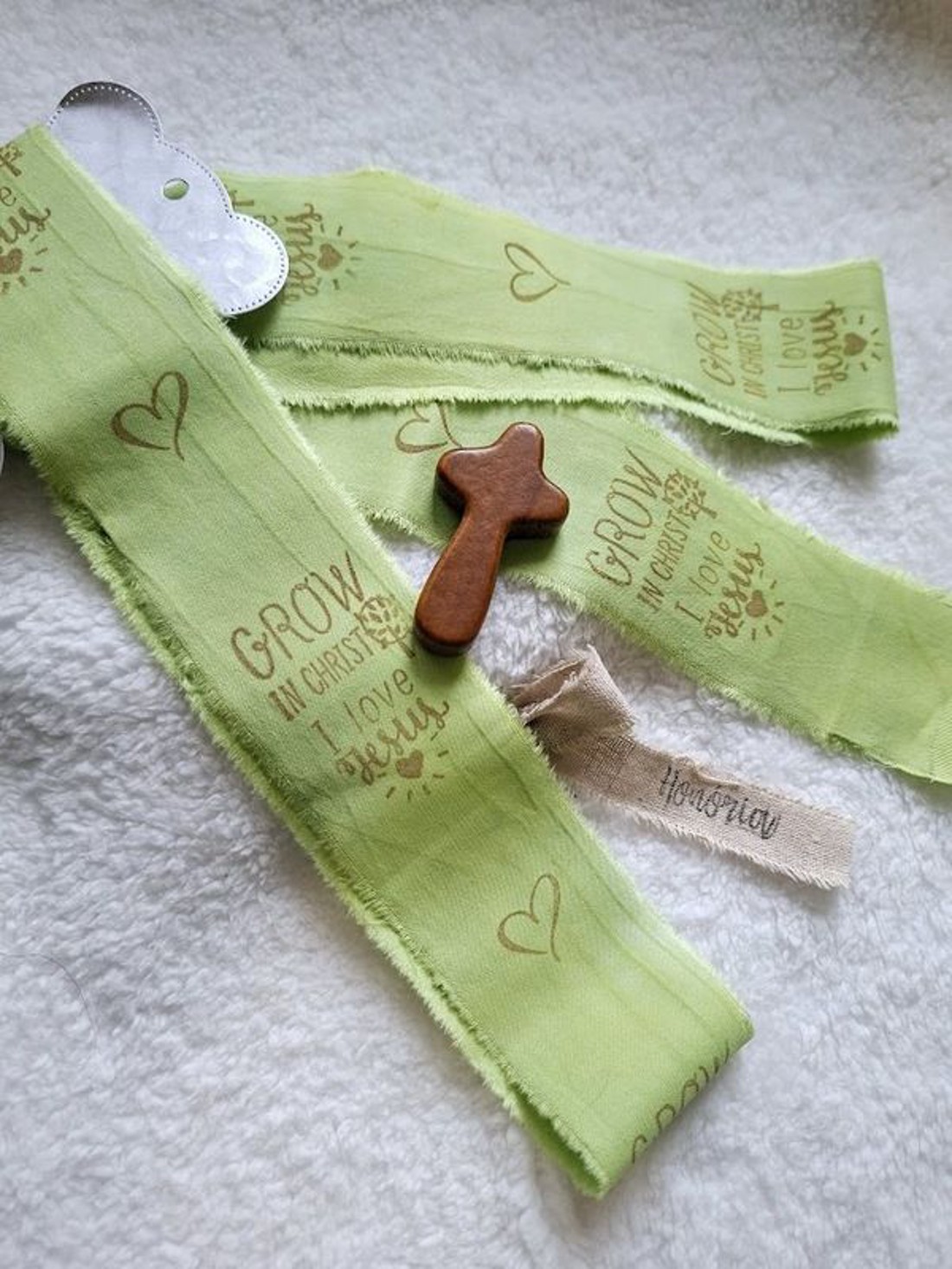 Kézzel festett és bélyegzett, tépett, pamutszalag, Bibliai, igés, felirattal- zöld- 025 -  - Meska.hu