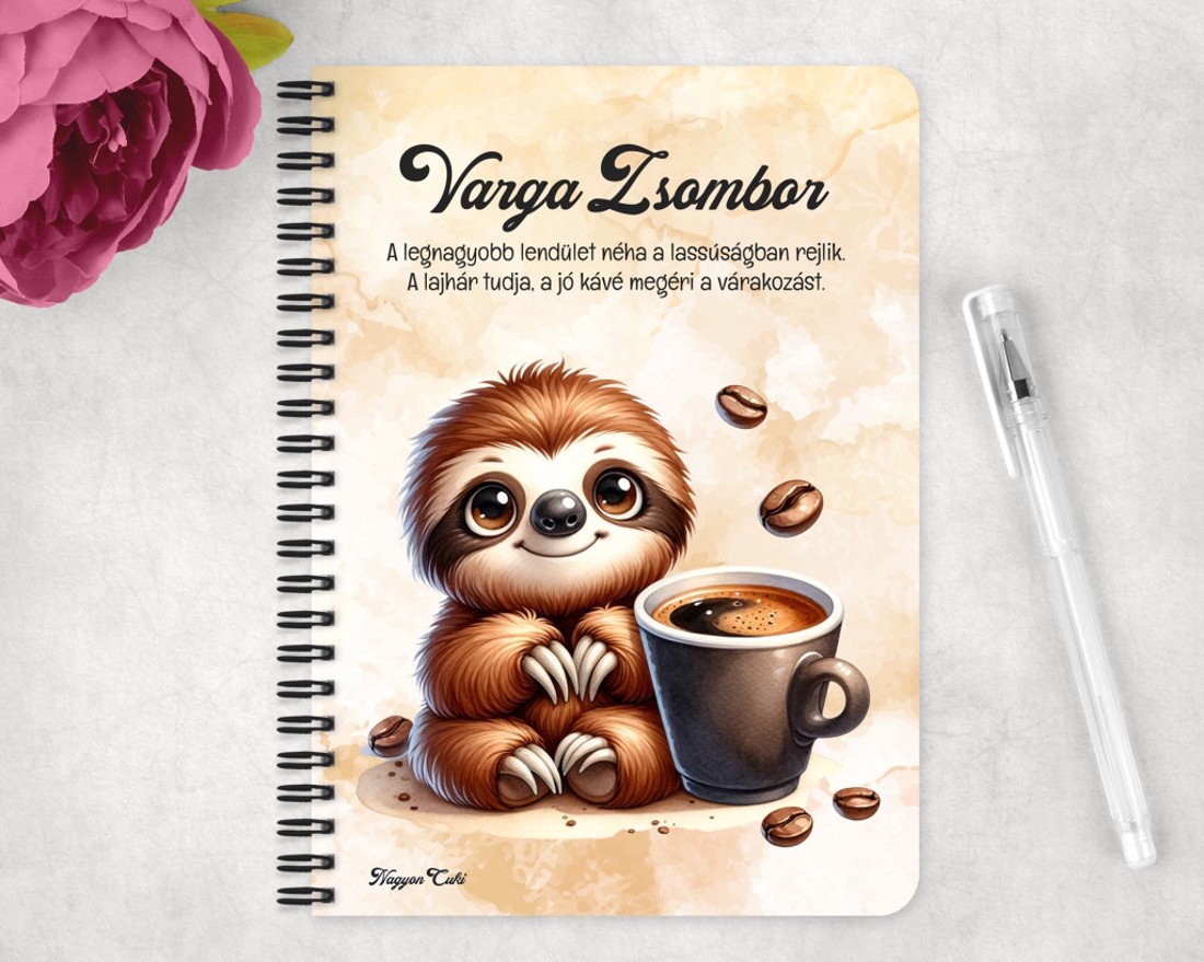 Személyre szabható - Kávés lajhár - csak feketén mintás A5-ös füzet - otthon & életmód - papír, írószer - jegyzetfüzet & napló - Meska.hu