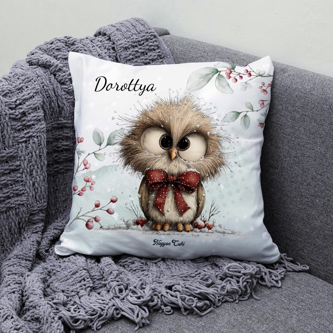 Névvel kérhető - Cuki téli bagoly nagy masnival mintás párna - otthon & életmód - lakástextil - párna & párnahuzat - díszpárna (belsővel együtt) - Meska.hu