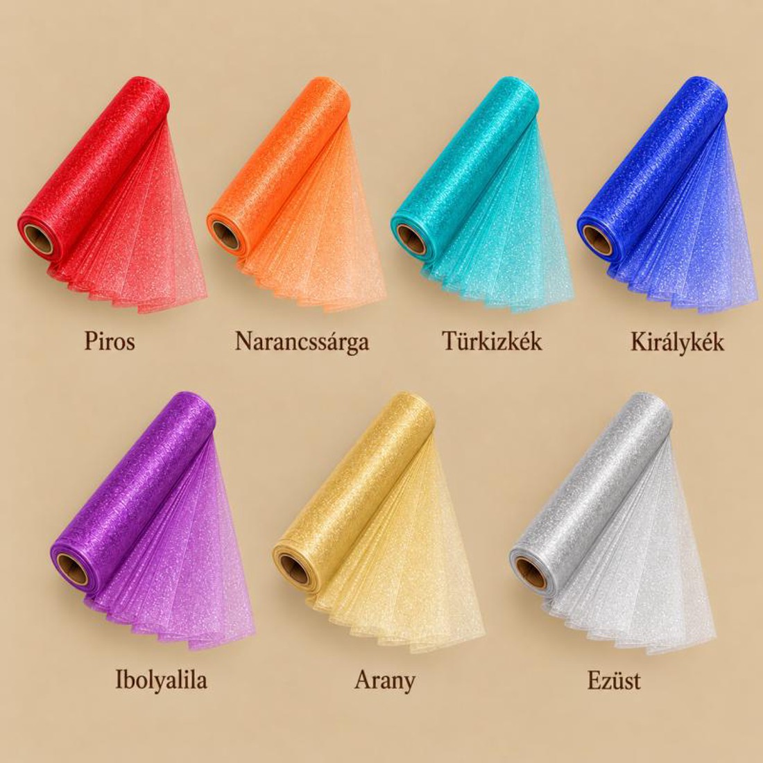 Snow organza tekercs � élénk és színes árnyalatok, 23,5 cm � 10 m - kellékek & szerszámok - méteráru - dekorációs alapanyag - Meska.hu
