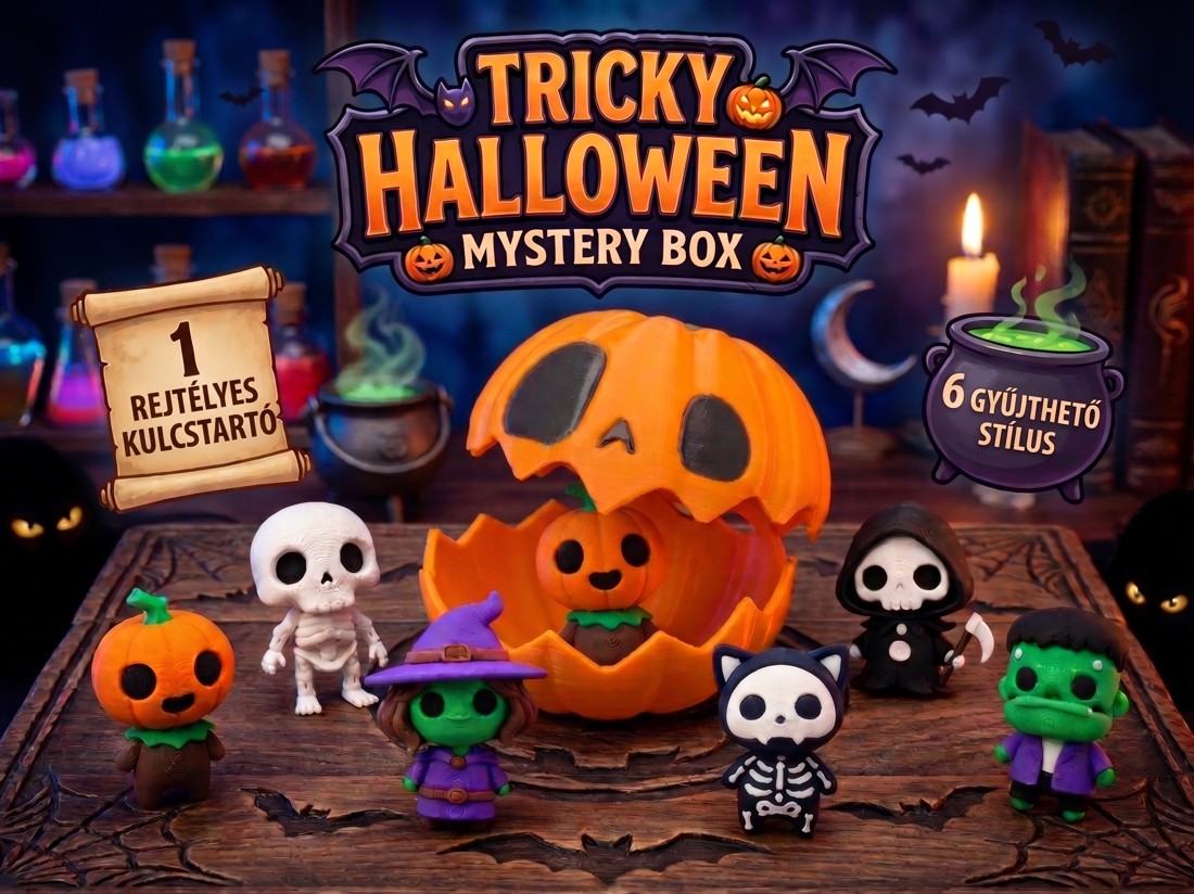Halloween mystery box, meglepetés kulcstartó figurával � csontváz, kaszás vagy szörny a kattanós tök dobozban, ajándék - otthon & életmód - dekoráció - halloween - halloweeni figurák - Meska.hu
