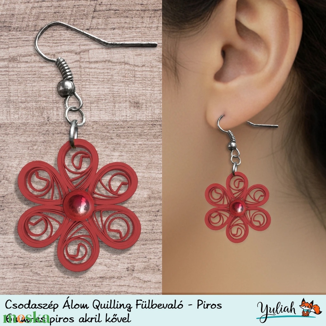 Csodaszép Álom Quilling technikával készült piros lógós fülbevaló - ékszer - fülbevaló - lógó fülbevaló - Meska.hu