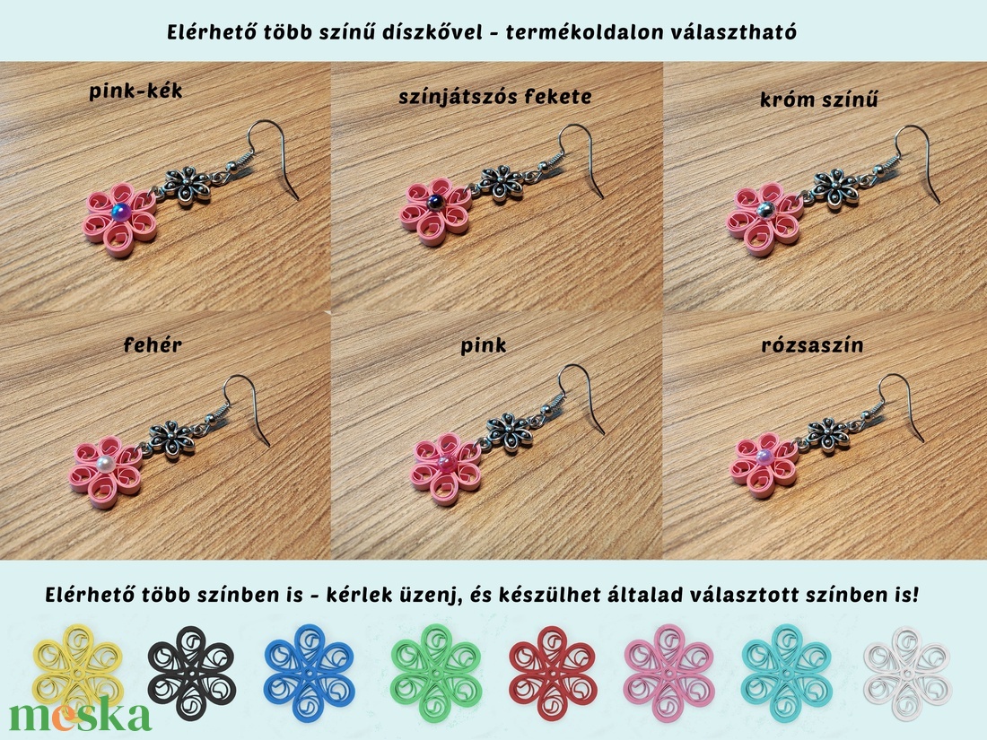 Rózsaszín virágos lógós papír fülbevaló választható díszkővel - quilling ékszer, könnyű fülbevaló - Fémes álom - ékszer - fülbevaló - lógó fülbevaló - Meska.hu