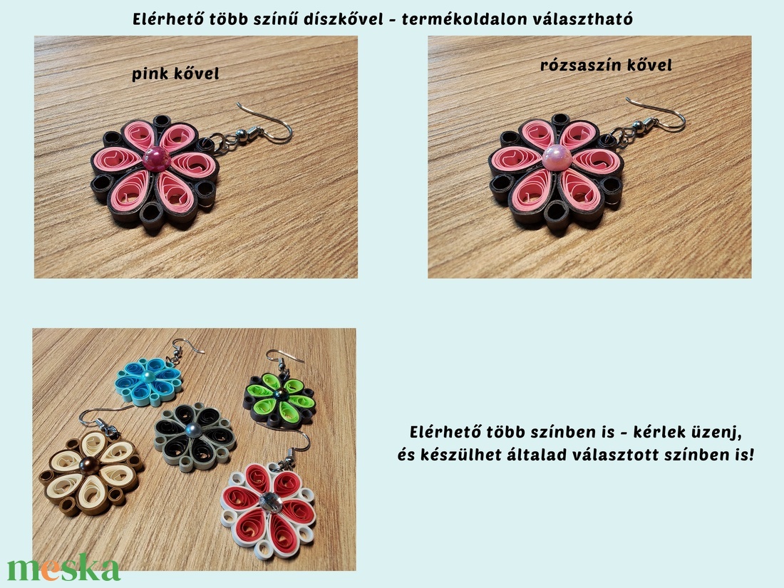 Rózsaszín-fekete virágos lógós papír fülbevaló választható díszkővel - quilling ékszer, könnyű fülbevaló - Virágos álom - ékszer - fülbevaló - lógó fülbevaló - Meska.hu
