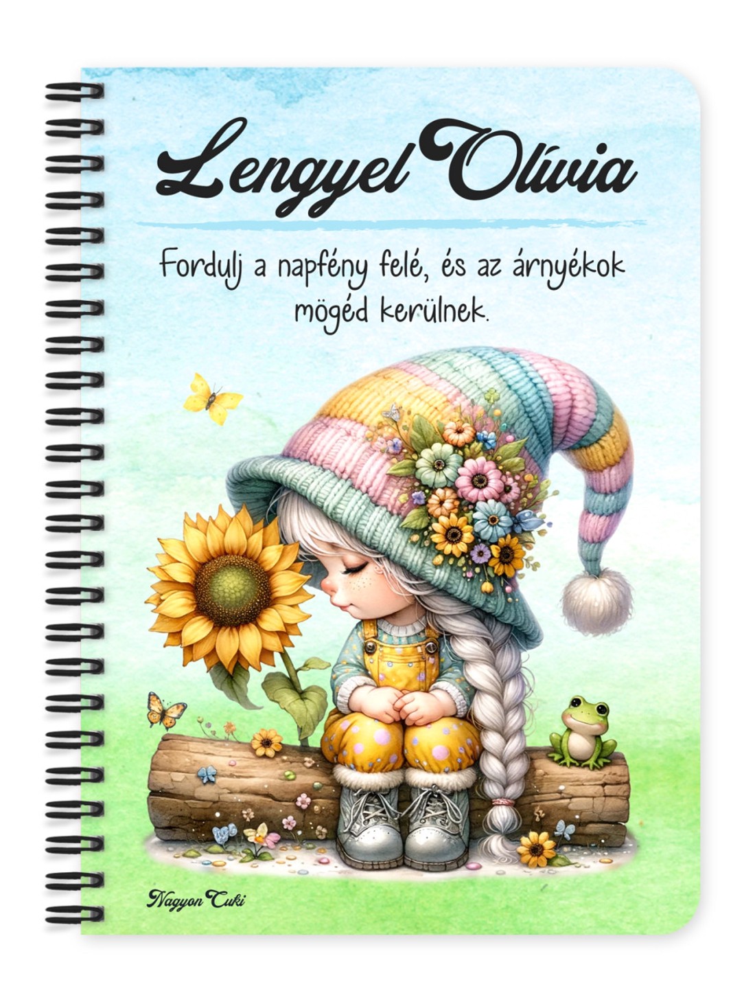 Személyre szabható - Napraforgós manó lány cuki békával mintás A6-os füzet - otthon & életmód - papír, írószer - jegyzetfüzet & napló - Meska.hu