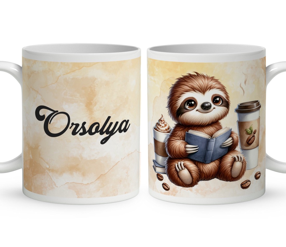 Névvel kérhető - Kávés lajhár és egy jó regény mintás bögre - otthon & életmód - konyhafelszerelés, tálalás - tálalás - bögre & csésze - Meska.hu