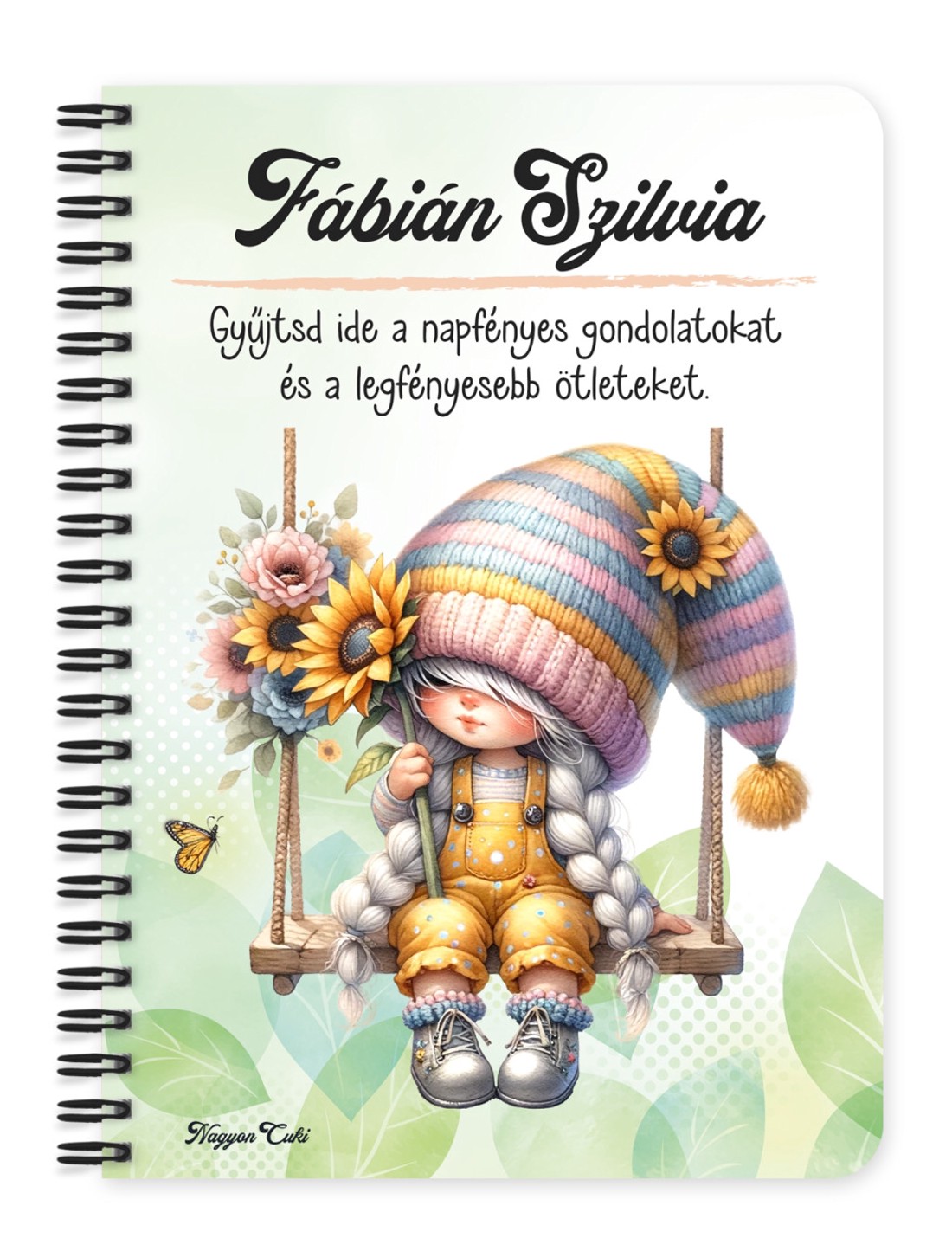 Személyre szabható - Hintázós napraforgós manó lány mintás A5-ös füzet - otthon & életmód - papír, írószer - jegyzetfüzet & napló - Meska.hu