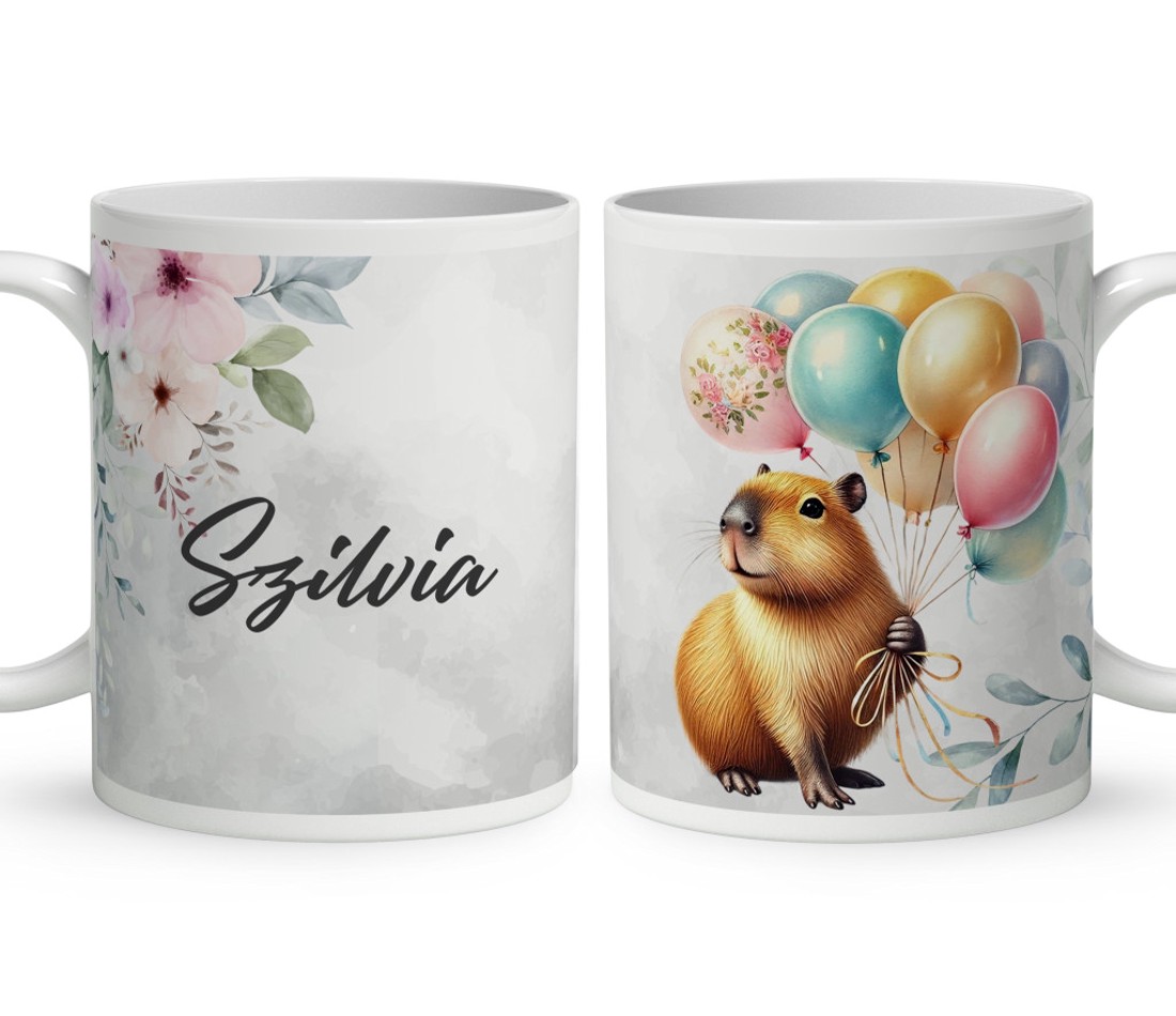 Névvel kérhető - Cuki lufis capybara mintás bögre - otthon & életmód - konyhafelszerelés, tálalás - tálalás - bögre & csésze - Meska.hu