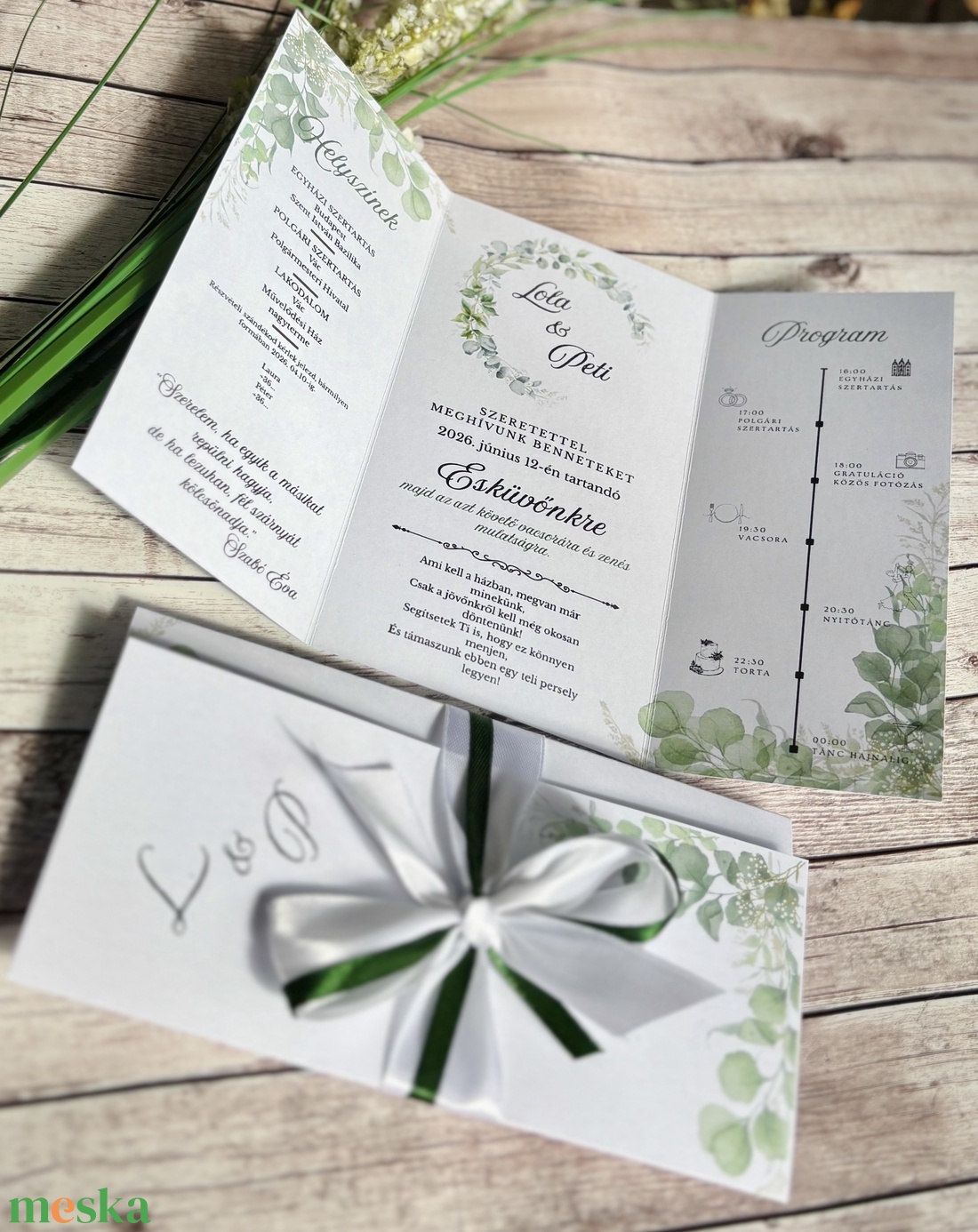 Eukaliptuszos zöld leveles esküvői meghívó - esküvő - meghívó & kártya - meghívó - Meska.hu